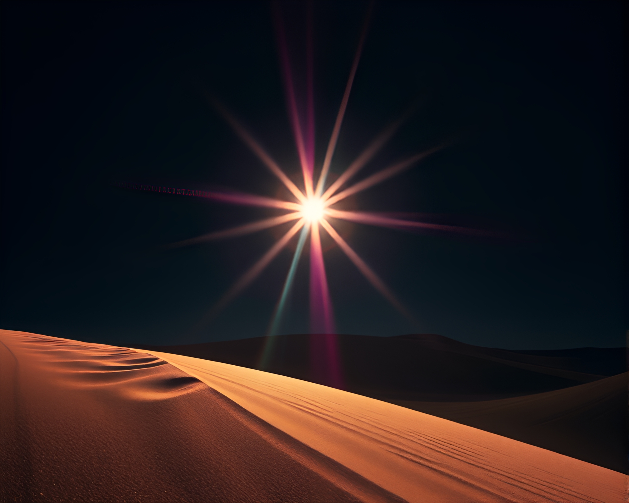 Neon-Lit Sand Dune Lens Flare Oasis – free AI stock image