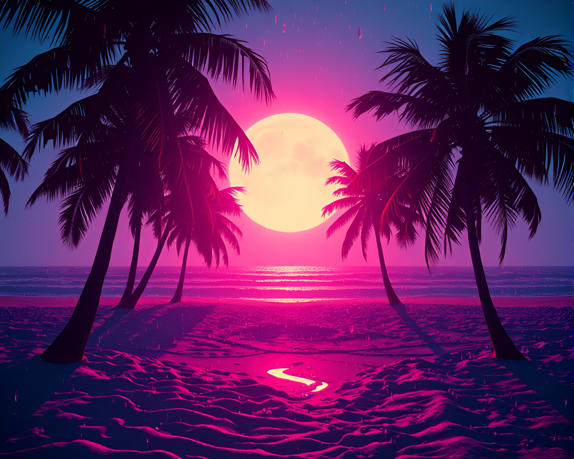 Dew Drop Sunset at Synthwave Beach – free AI stock image