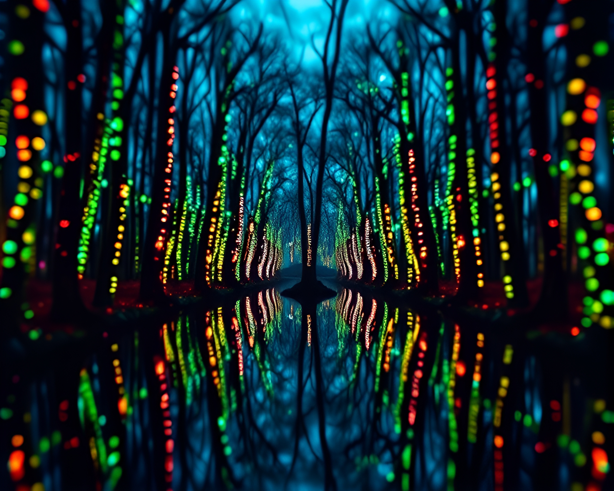 Bioluminescent Forest Mirror Symmetry with Retro Color Fade – free AI stock image