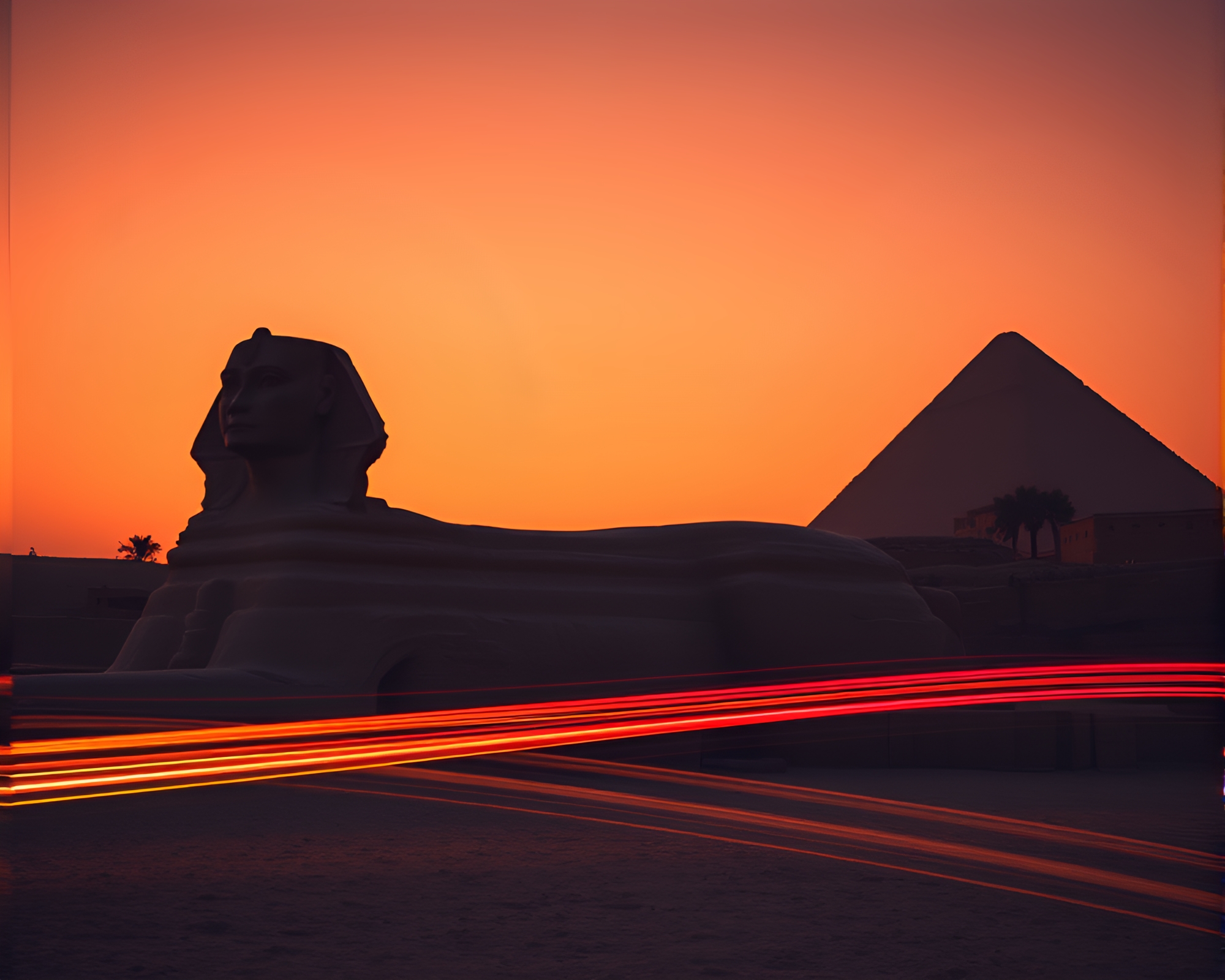 Sphinx Statue Illuminated by Tri-Tone Sunset Light Trails – free AI stock image