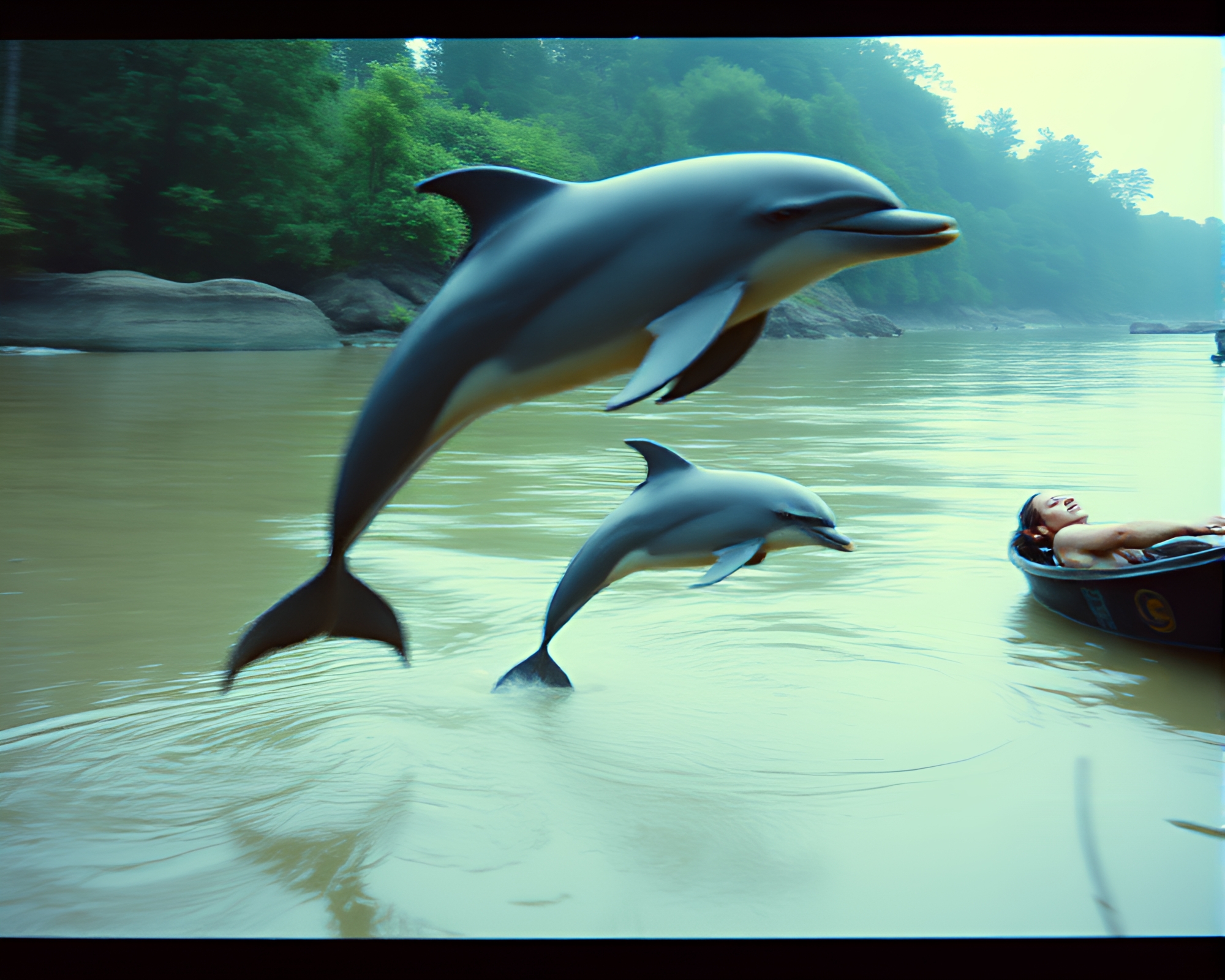 Double exposure of Amazon river dolphin in VHS distortion – free AI stock image