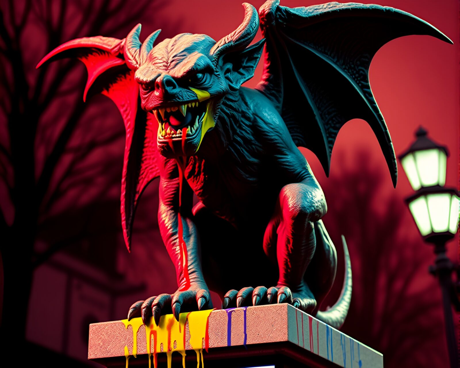 Spray paint drips on gargoyle statue in comic style