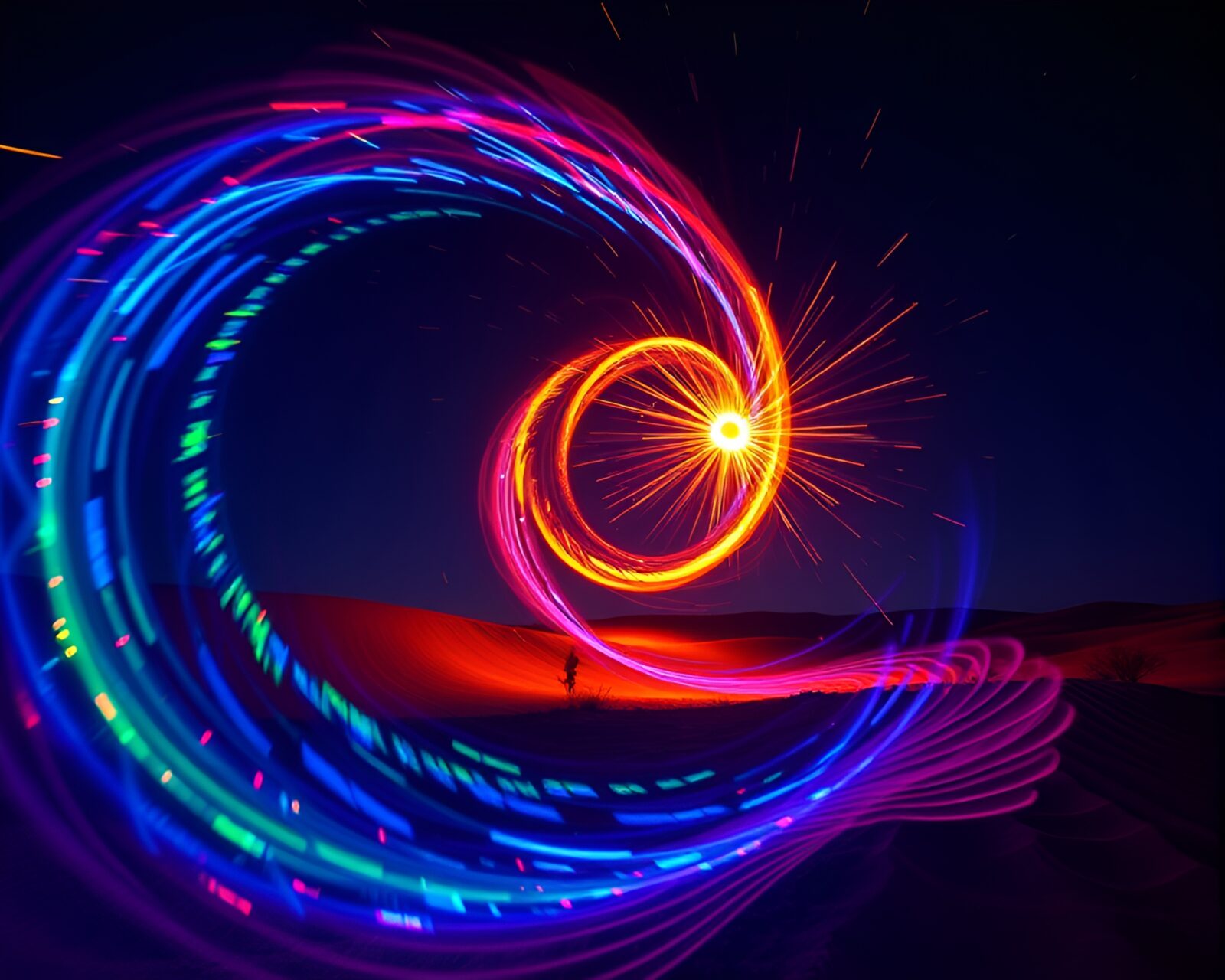 Colorful LED lights creating vortex twist in desert setting