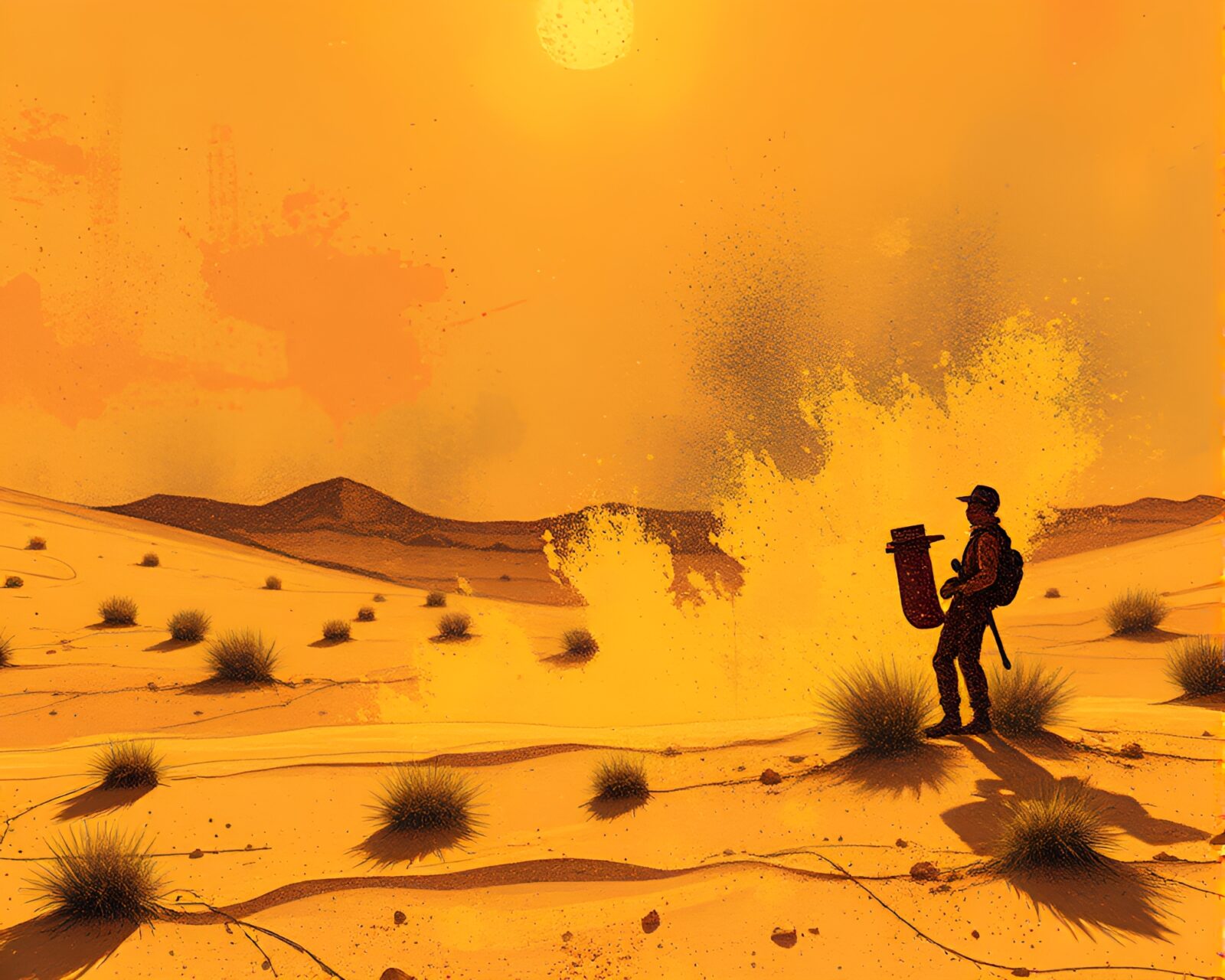Surreal desert mirage with manga-style characters and spray paint drips