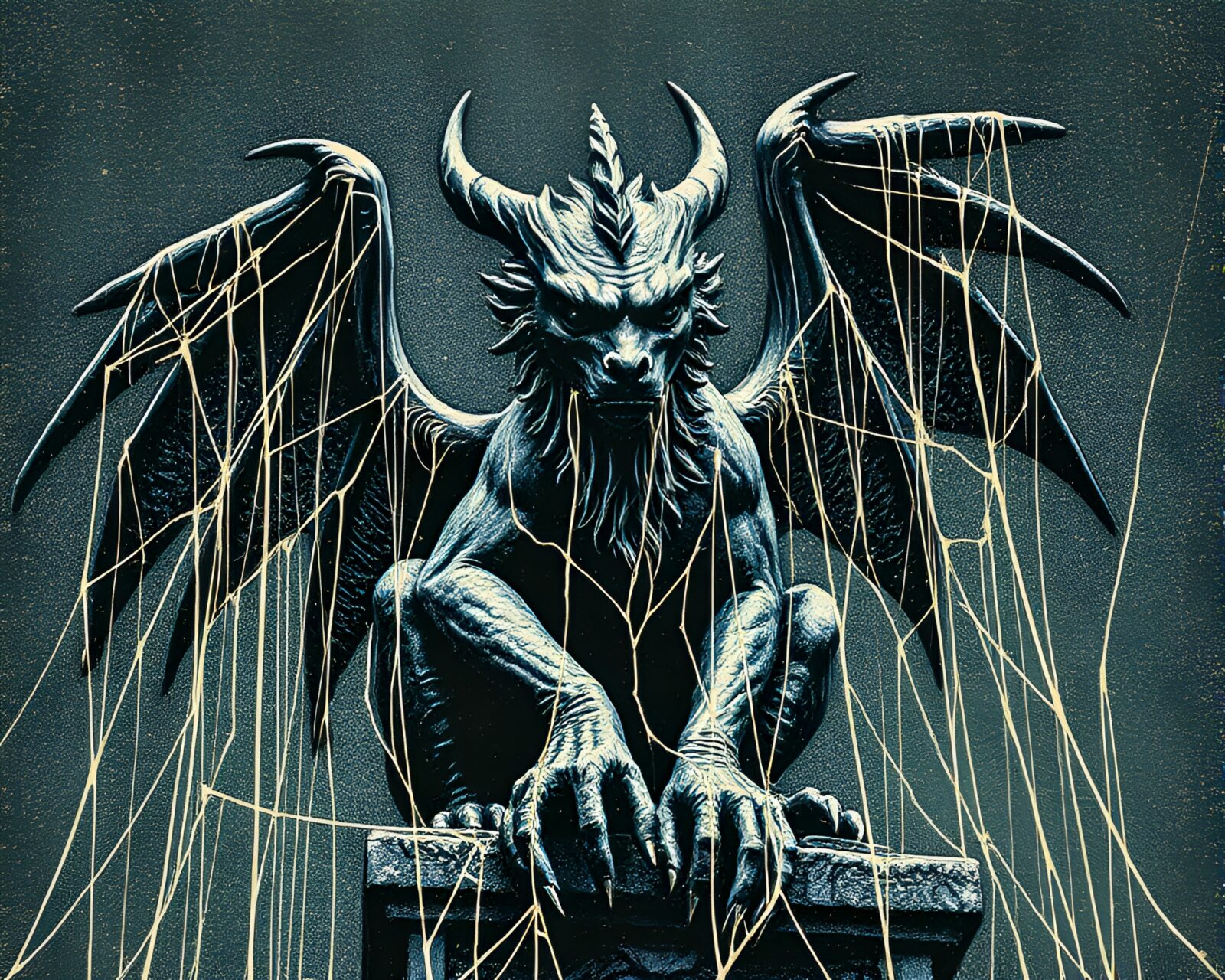 Majestic linocut print of a gargoyle statue draped in cobwebs under glittering lights