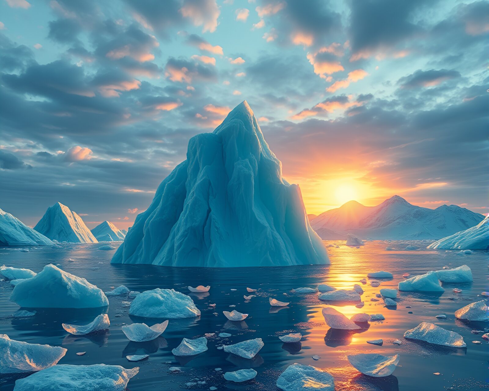 Vibrant comic book scene with iceberg surrounded by flower petals