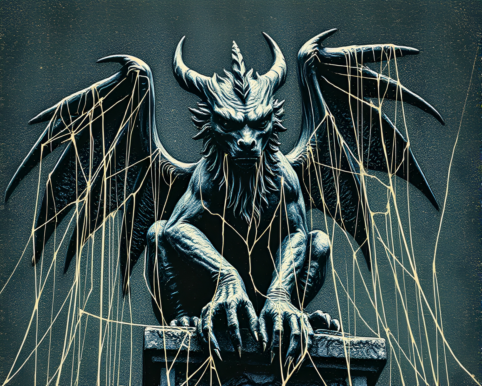 Gargoyle Statue Surrounded by Cobweb Strands in Glitter Dust – free AI stock image