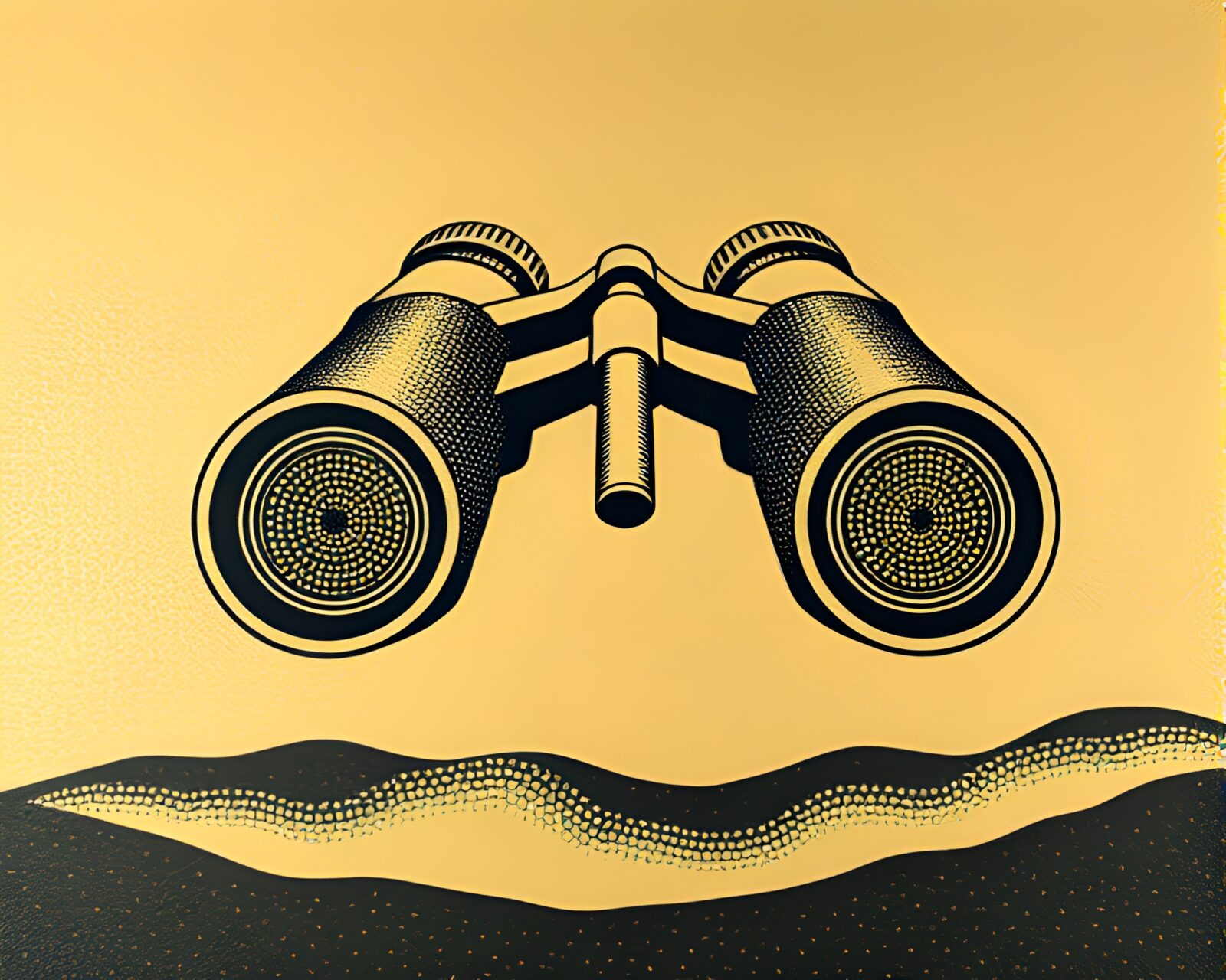 Binoculars with a metallic sheen observing a unique dot matrix landscape