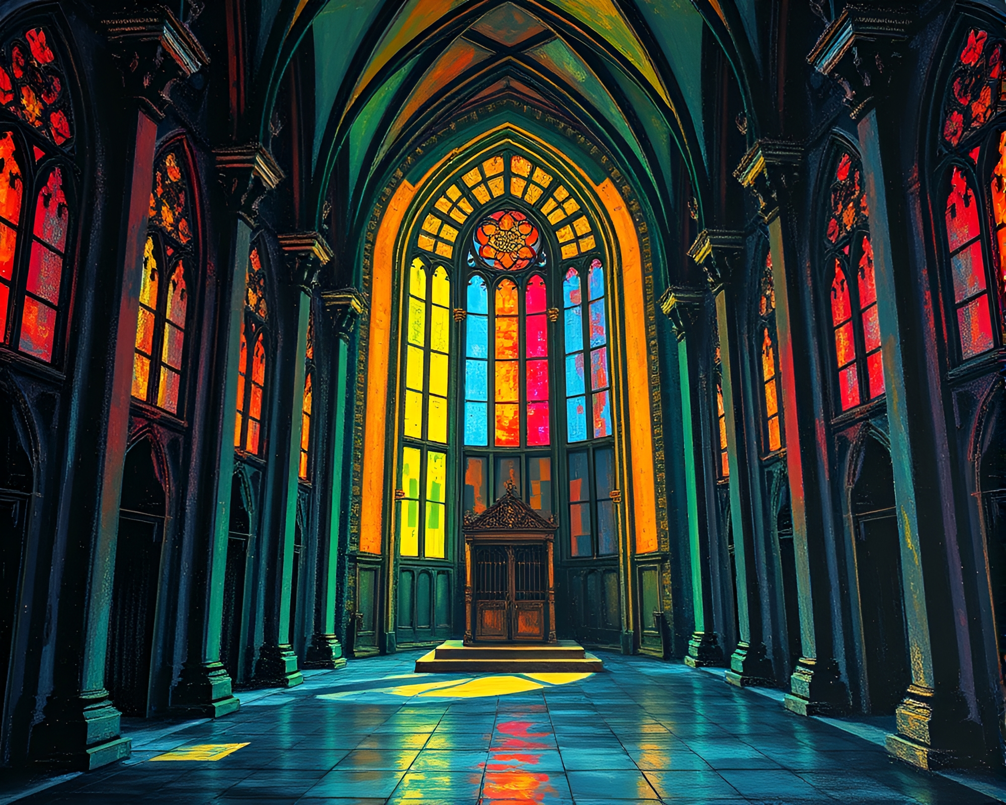 Cubist Cathedral Illuminated by Plasma Rifle Chalk Scrawls – free AI stock image