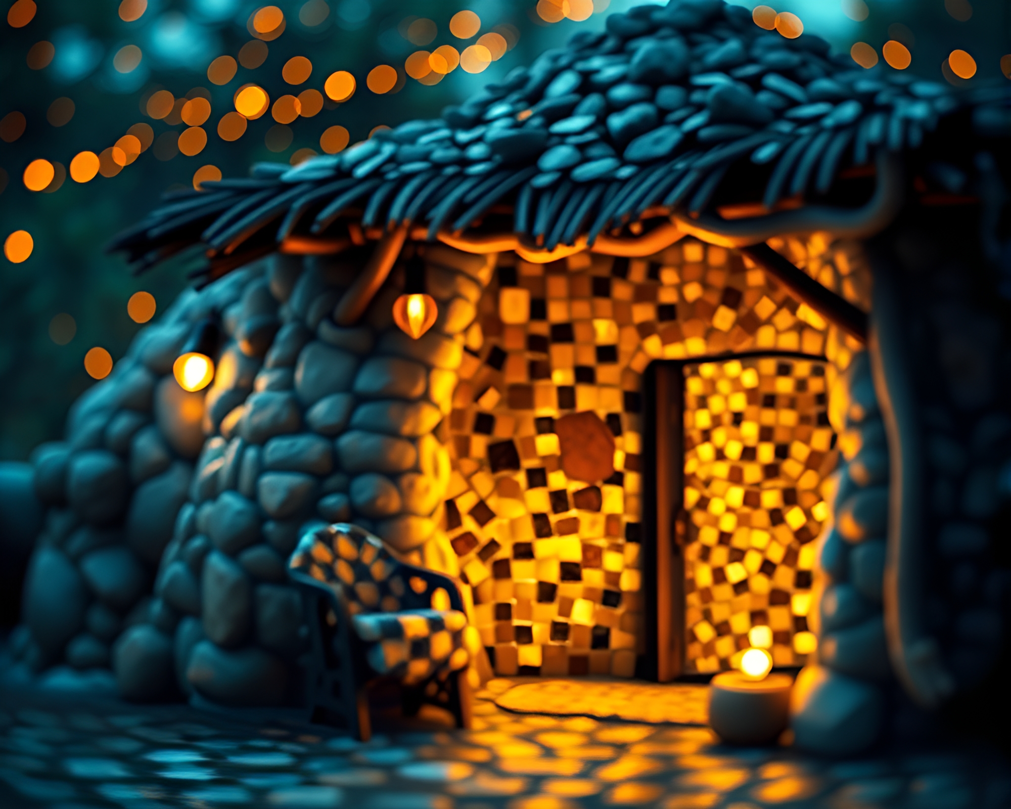 Fantasy Mud Hut Fashion Mosaic with Bokeh Lights – free AI stock image