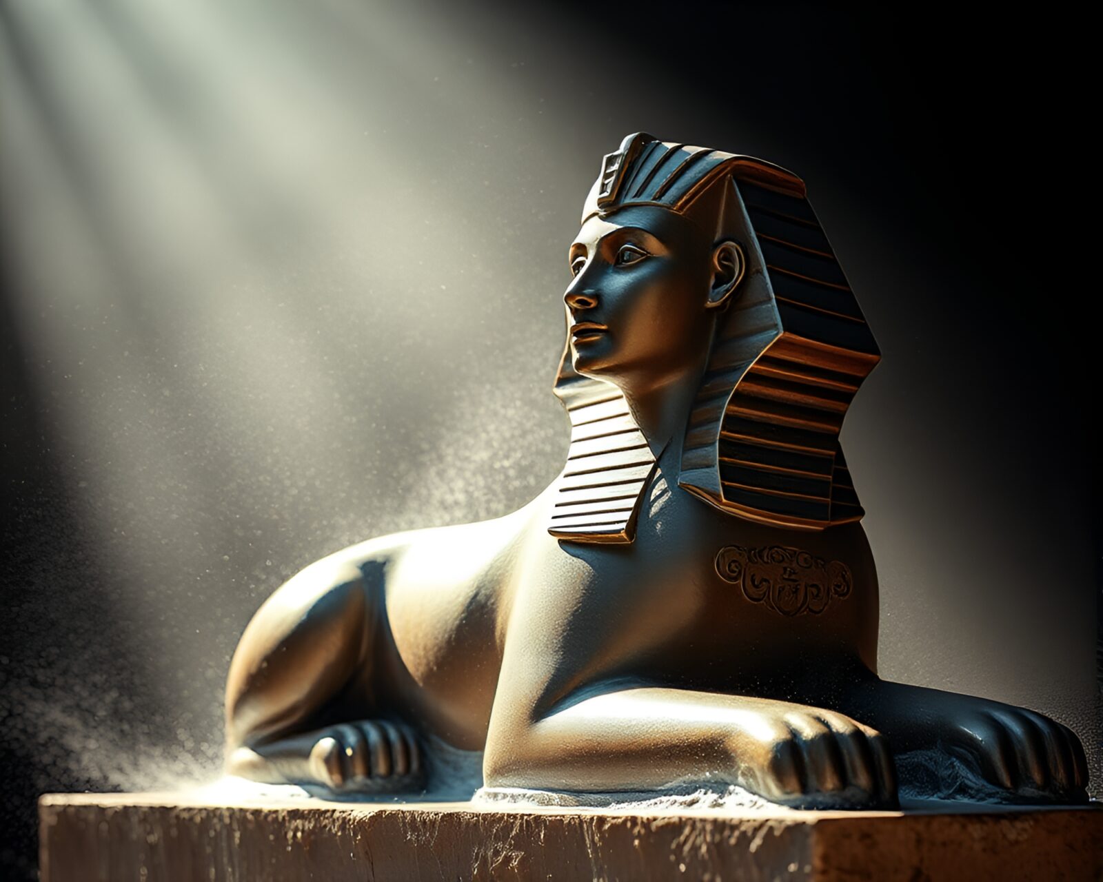 Sphinx statue in distorted water with light rays and dust