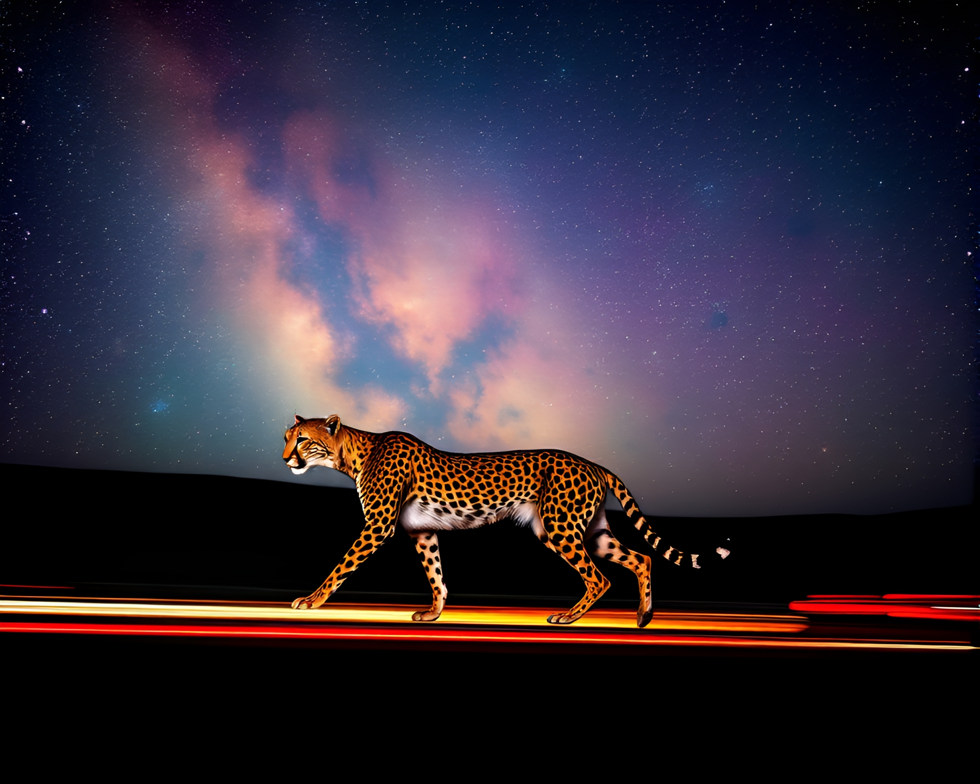 Cheetah Speed through Cosmic Car Light Trails – free AI stock image