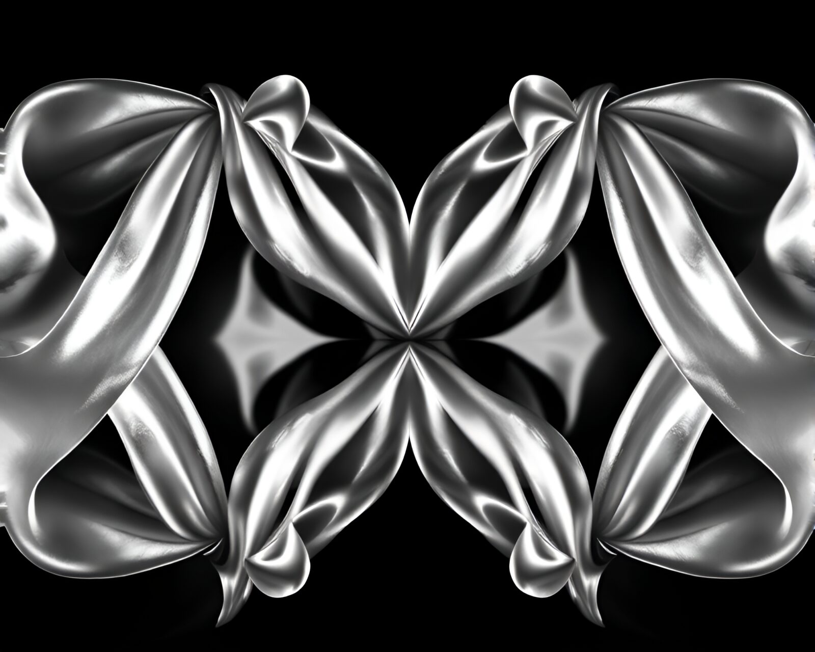 Black and white image of satin ribbon in mirror symmetry under bright midday light
