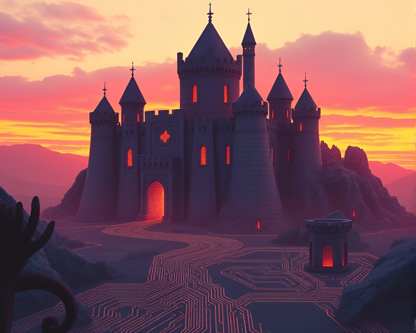 Glowing sunset illuminating ancient castle ruins with digital circuit patterns