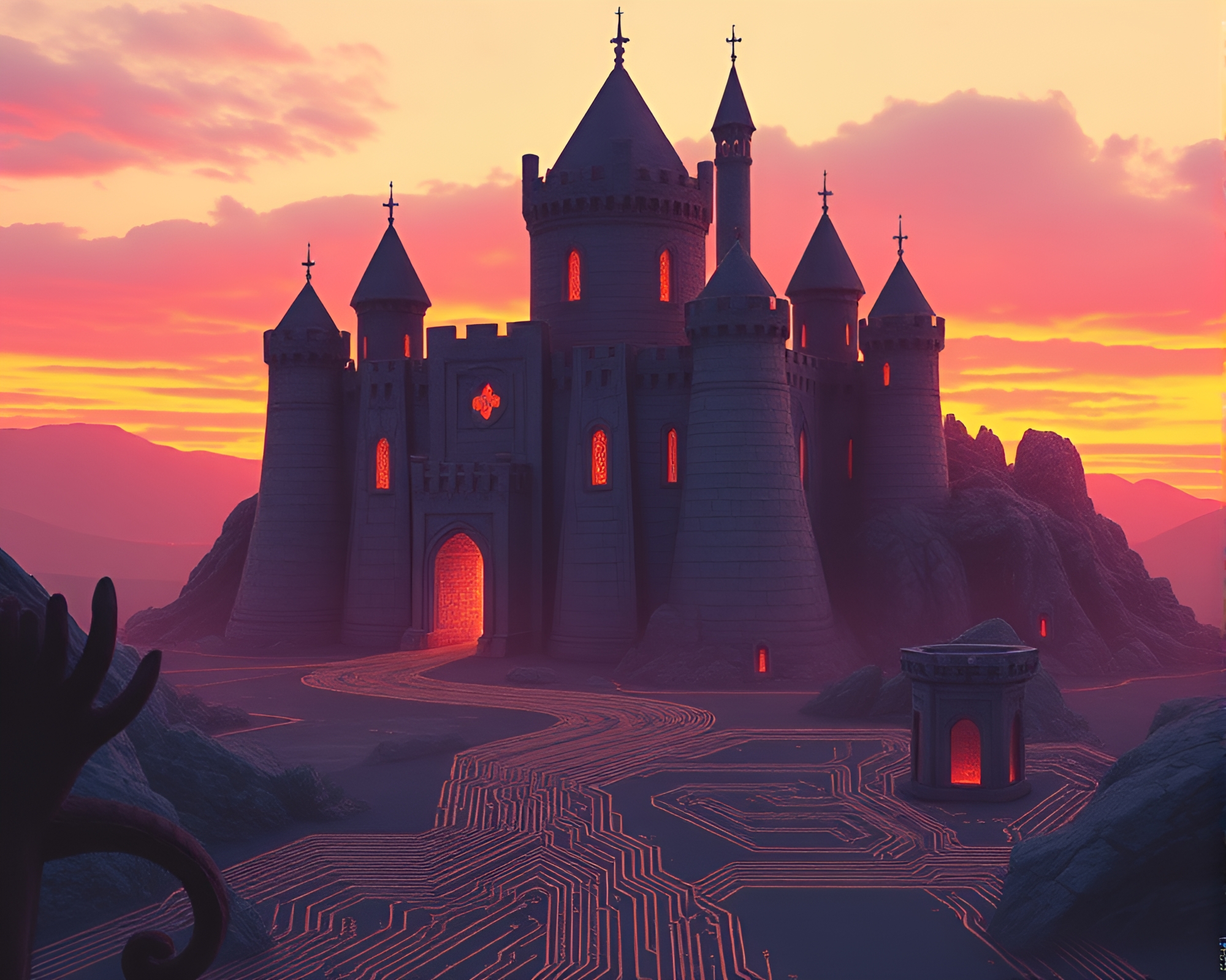 Retrowave Sunset Over Deserted Castle with Circuit Board Traces – free AI stock image