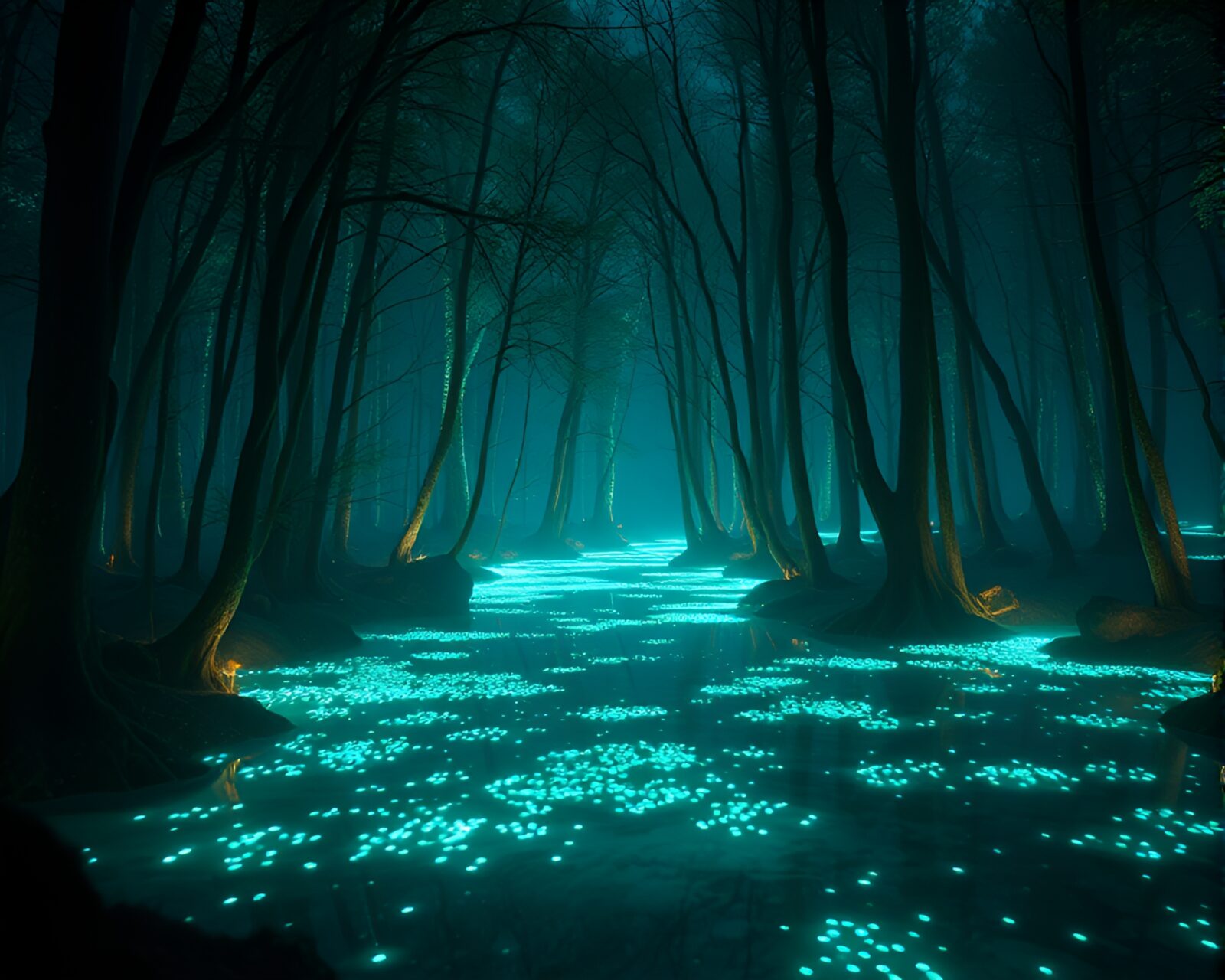 Enchanting CGI render of glowing bioluminescent forest at night