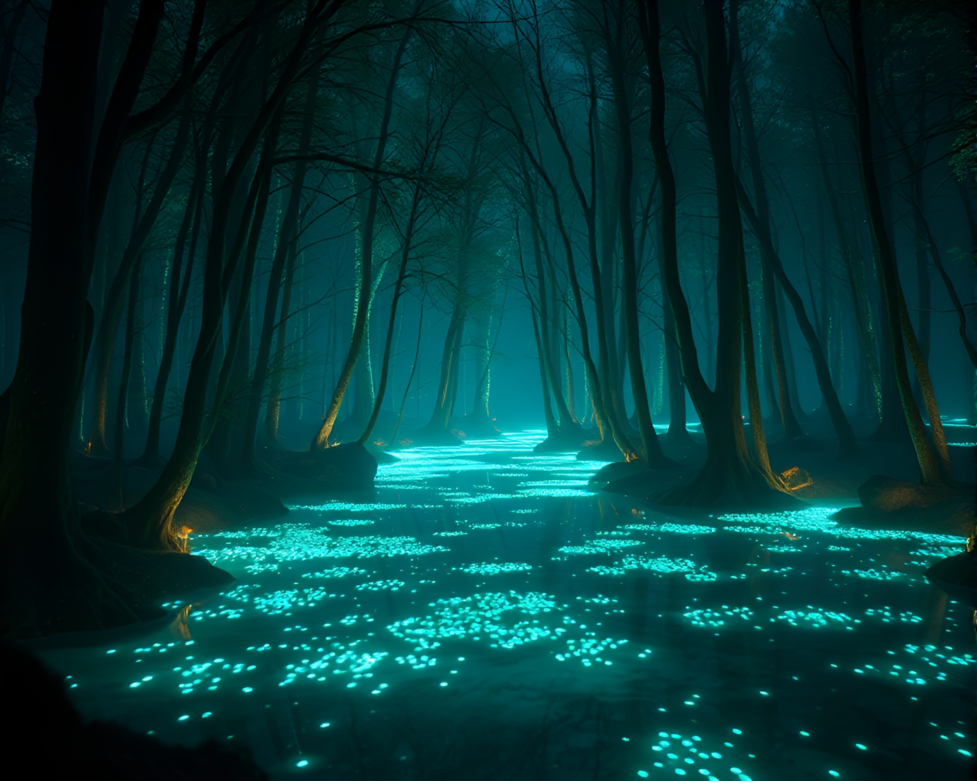 Bioluminescent Forest Illuminated by Torchlight in CGI – free AI stock image