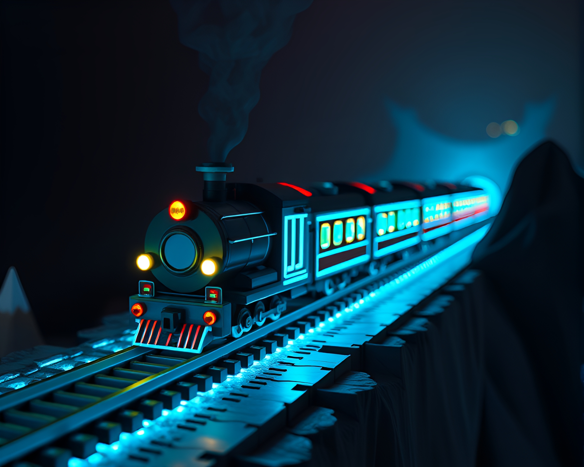 Magnetic Levitation Train Enters Natural Glowing Voxel Frame – free AI stock image