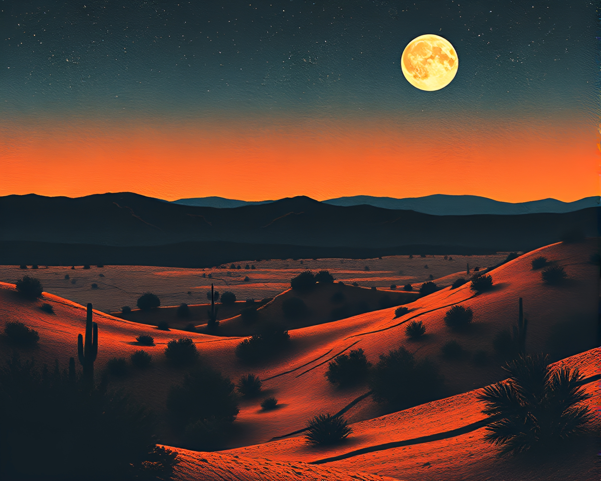 Moonlit Desert Tattoo Art with Grain Overlay – free AI stock image