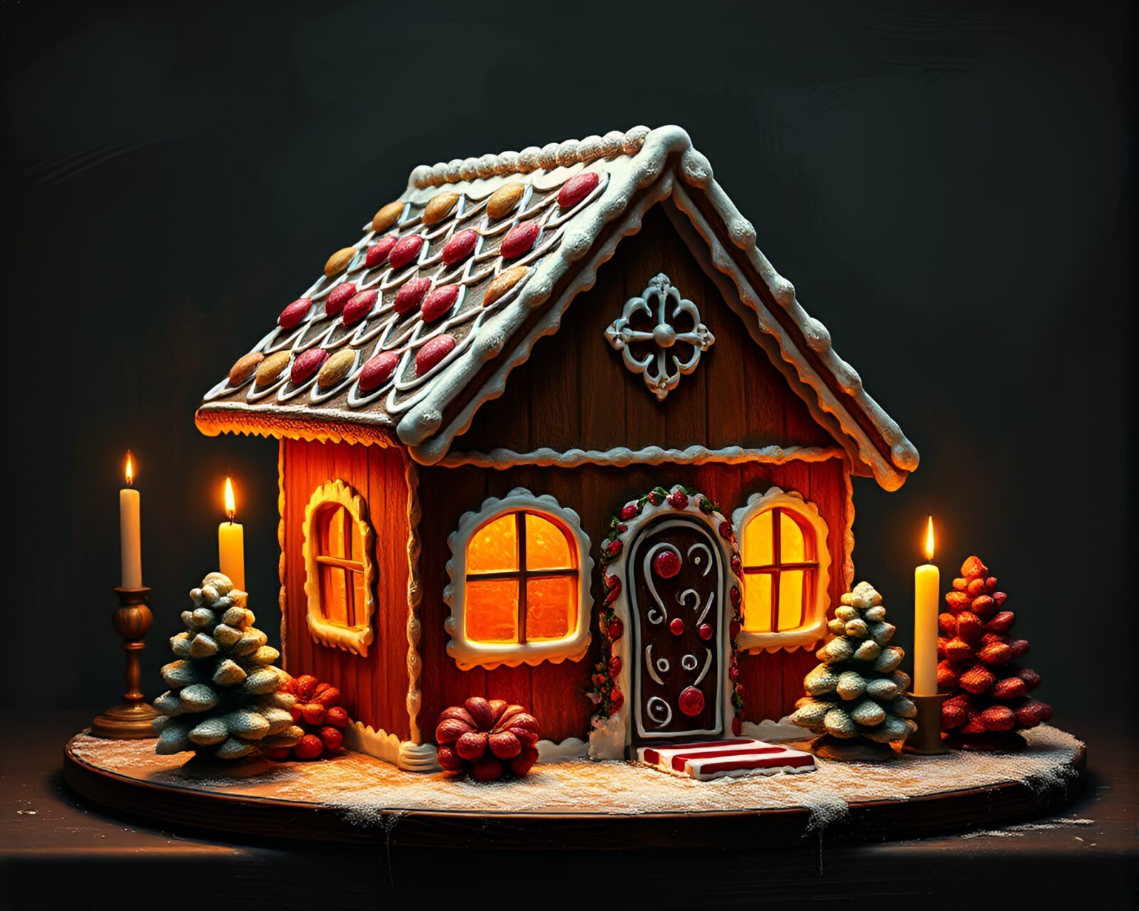 Whimsical gingerbread house surrounded by smudged chalkboard forest at night