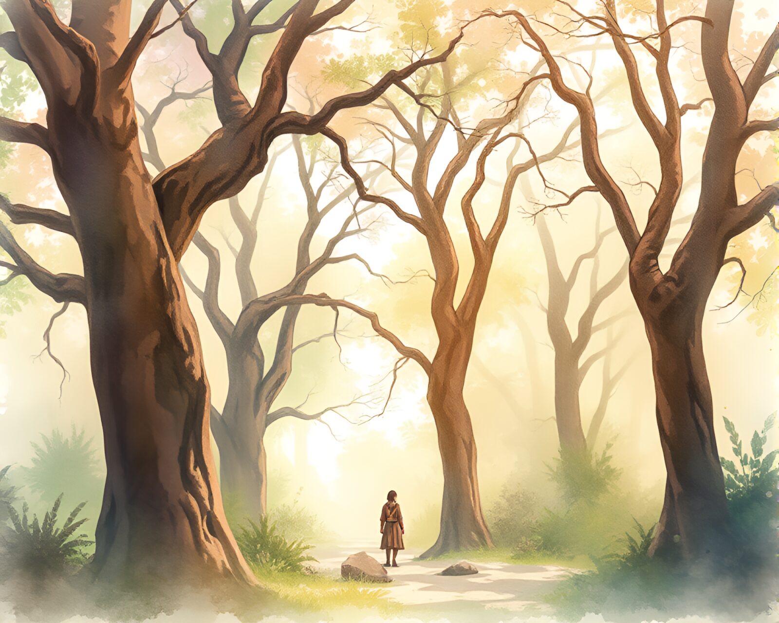Serene watercolor scene of magical ancient forest