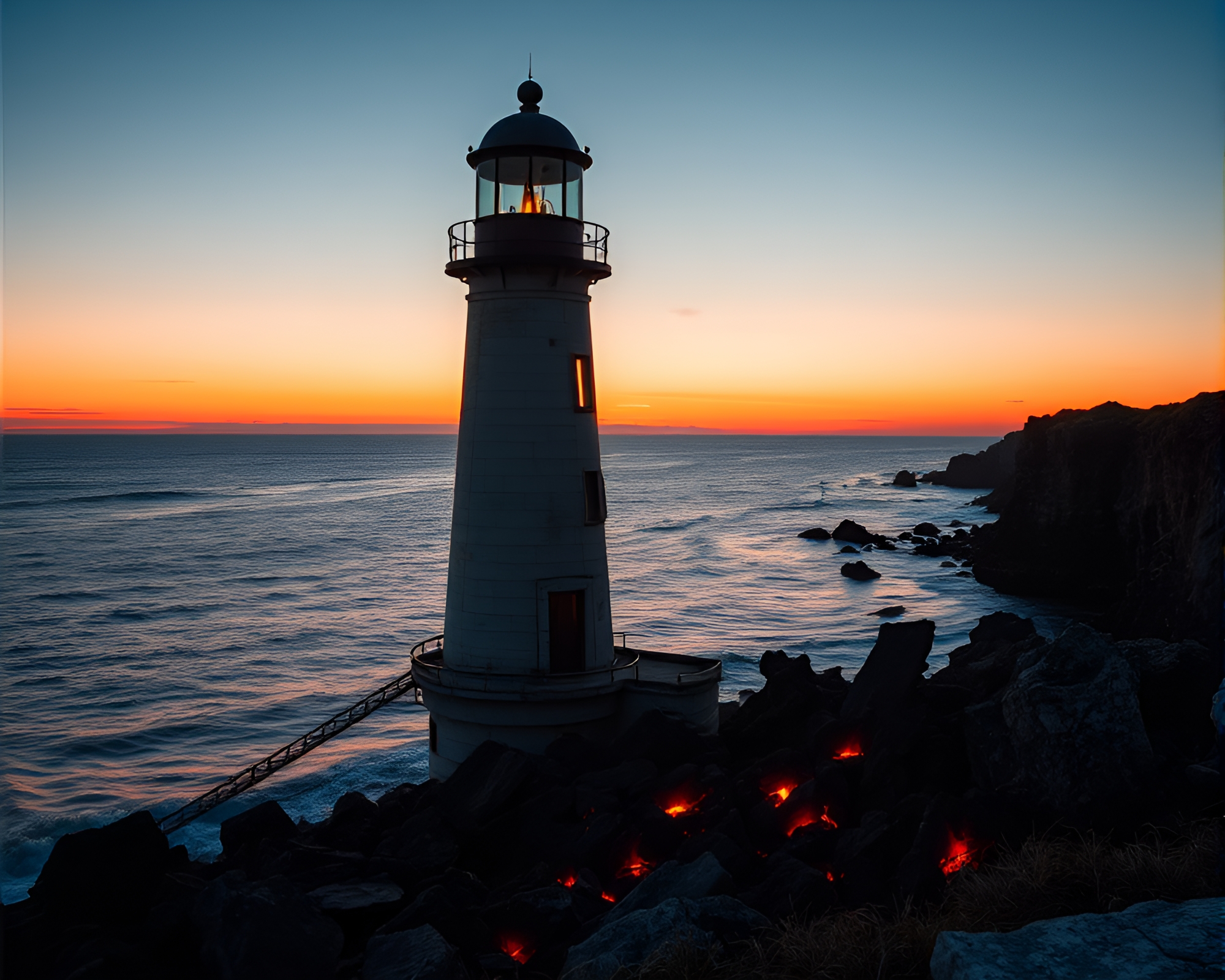 Abandoned Lighthouse at Dusk with Floating Embers – free AI stock image