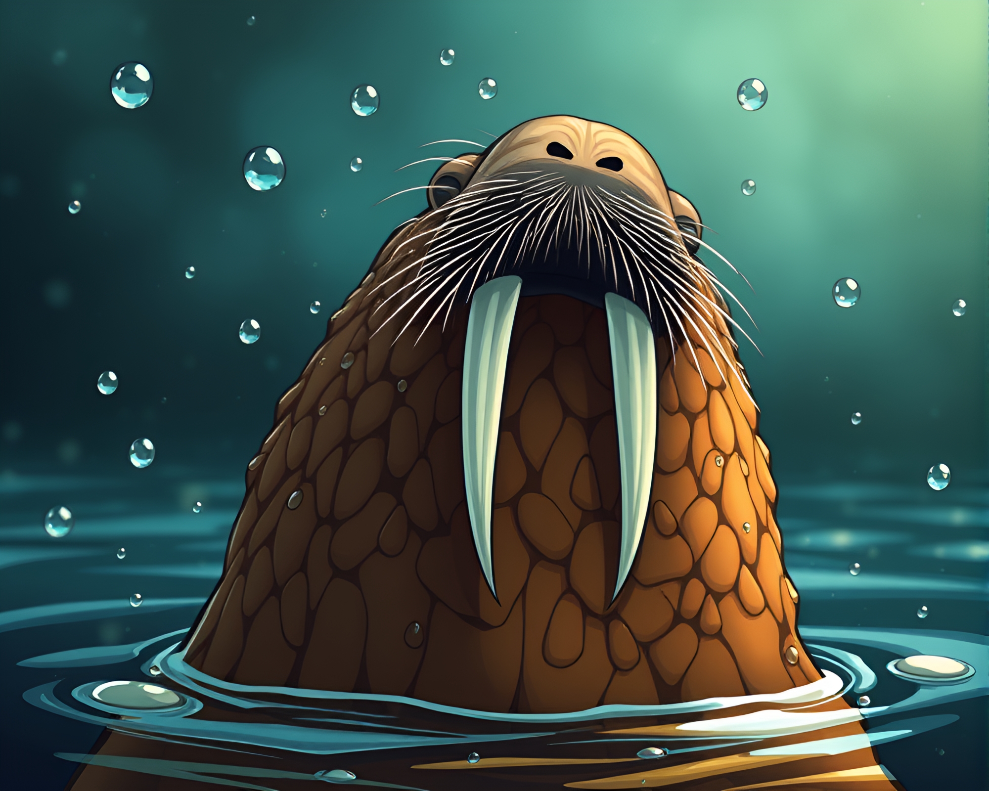 Magical Walrus Splashing in Water Droplets with Toon Shading – free AI stock image