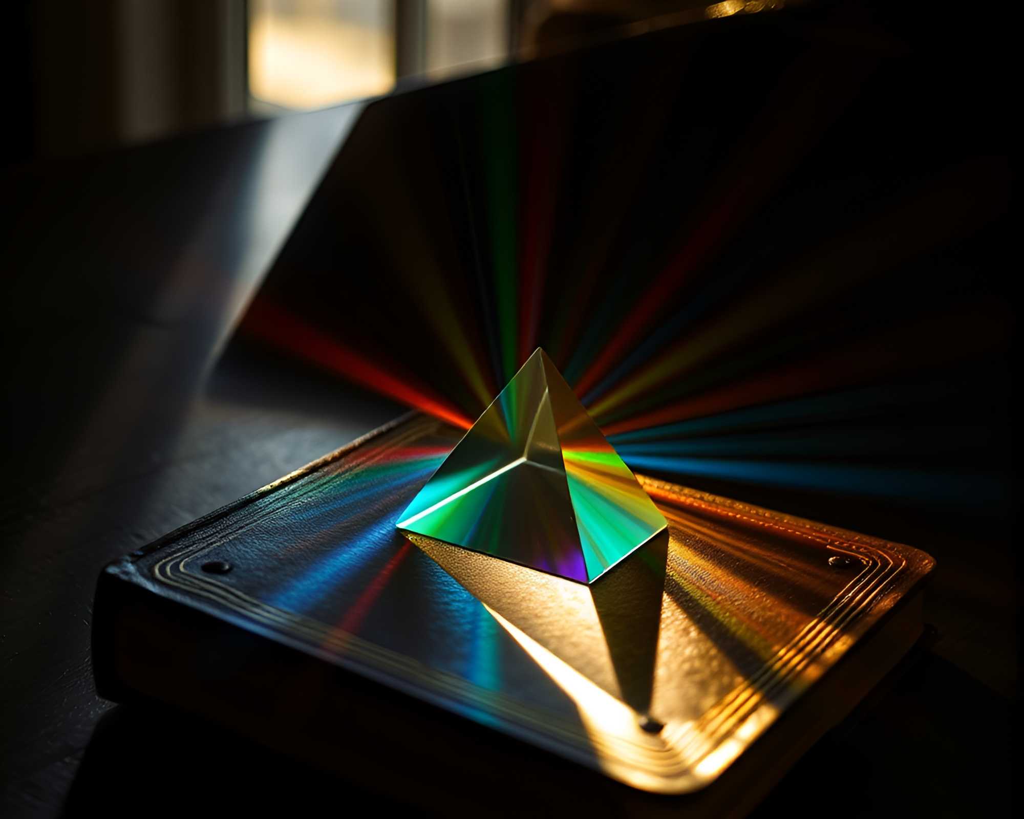 Prism Refraction through Leather Diary with God Rays – free AI stock image