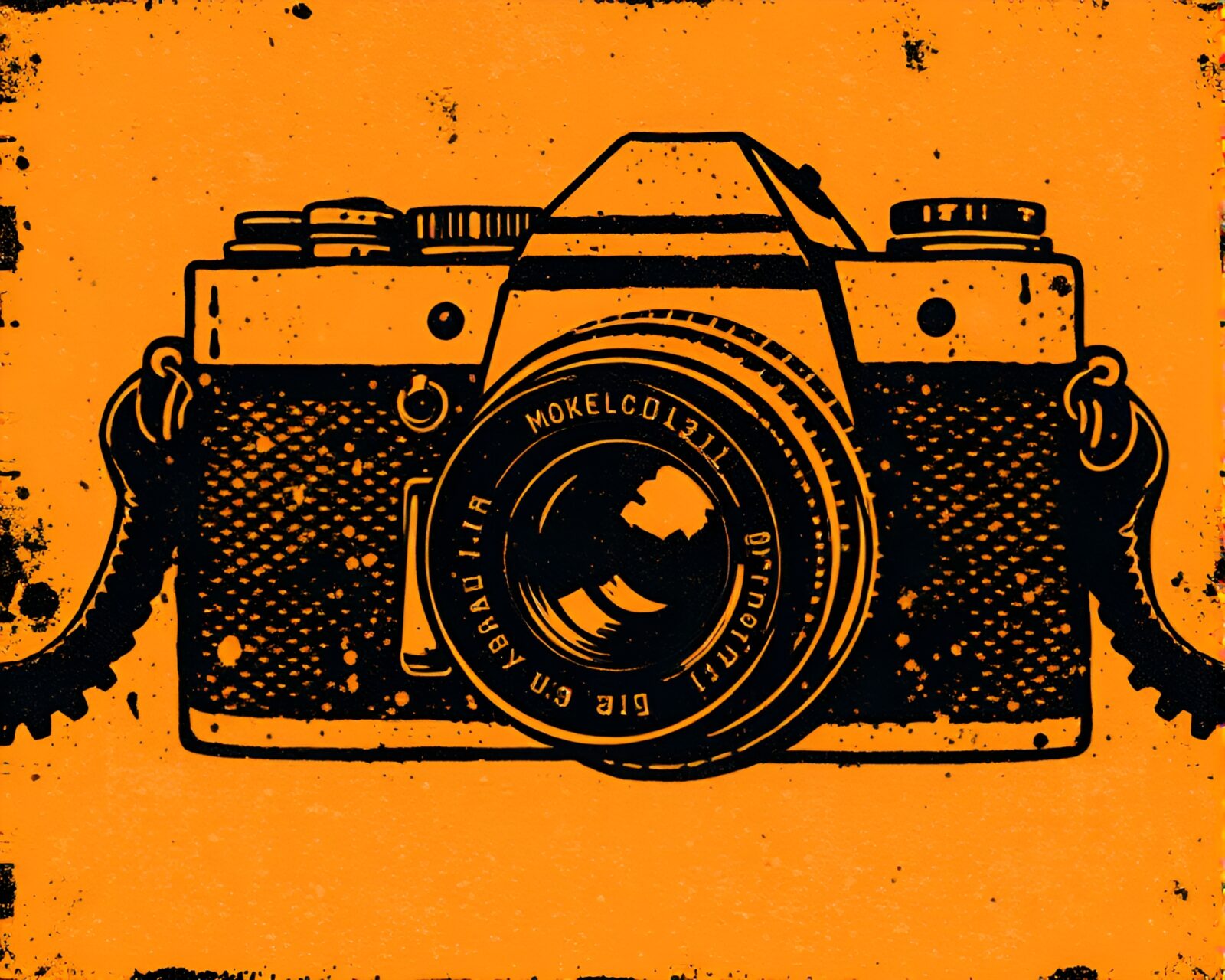 Abstract photo collage of vintage camera with linocut patterns