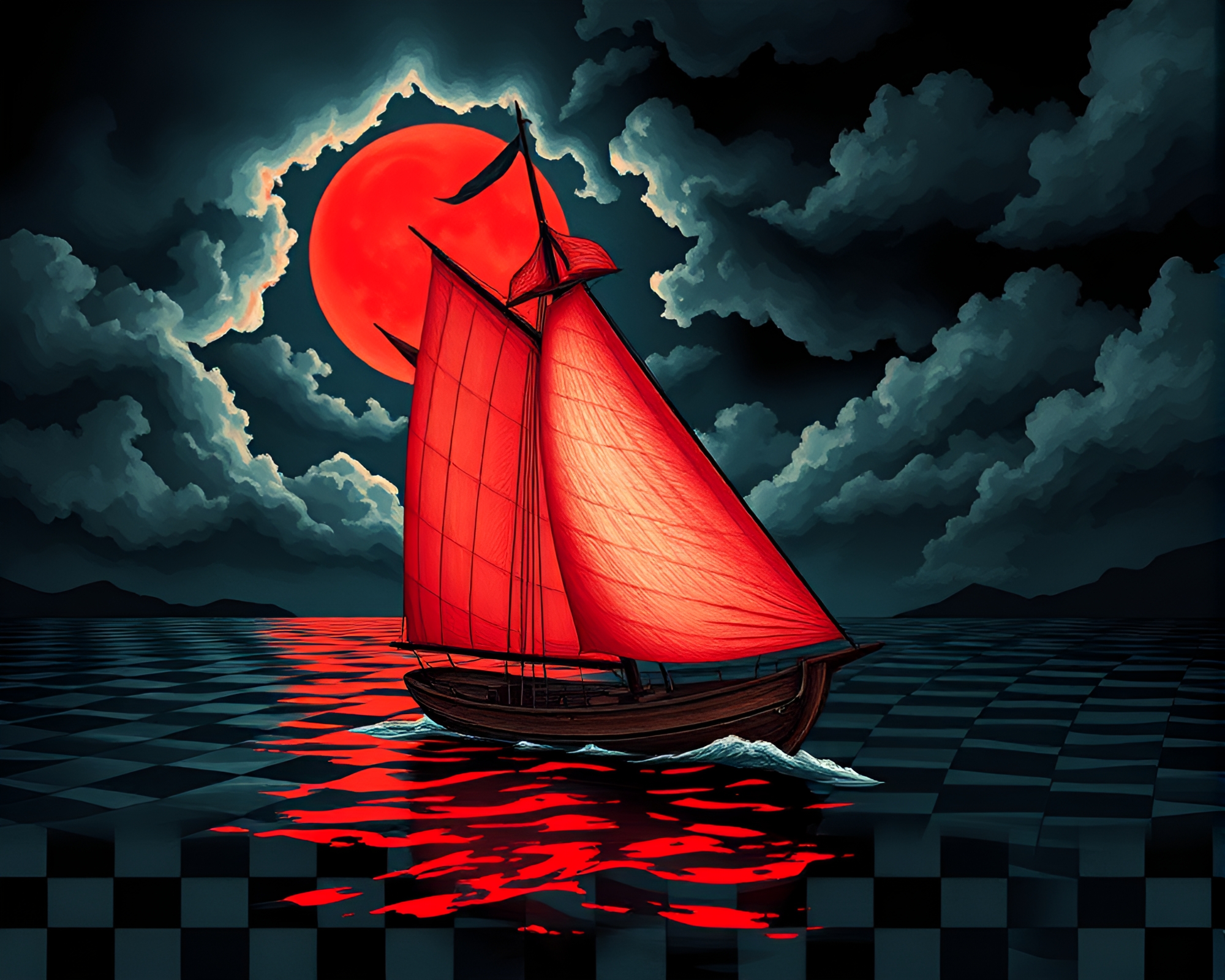Volcano Glow: Op Art Sailing Ship Checkered Pattern – free AI stock image