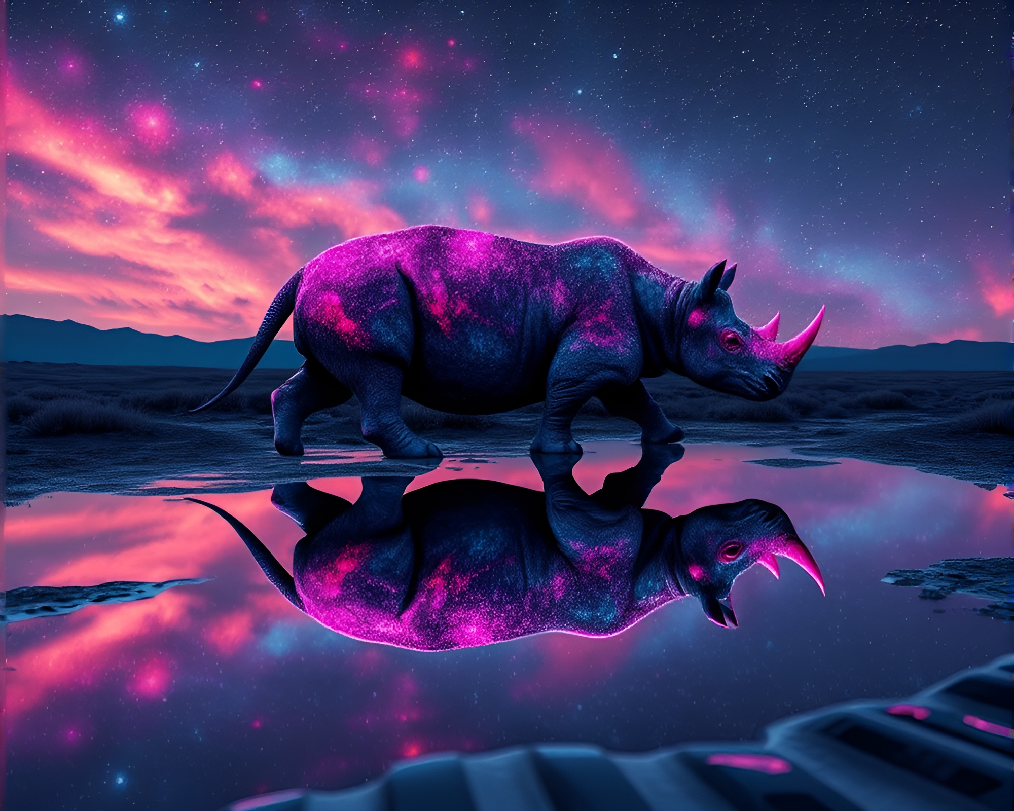 Rhinoceros’ Galactic Reflection in Synthwave Puddle – free AI stock image