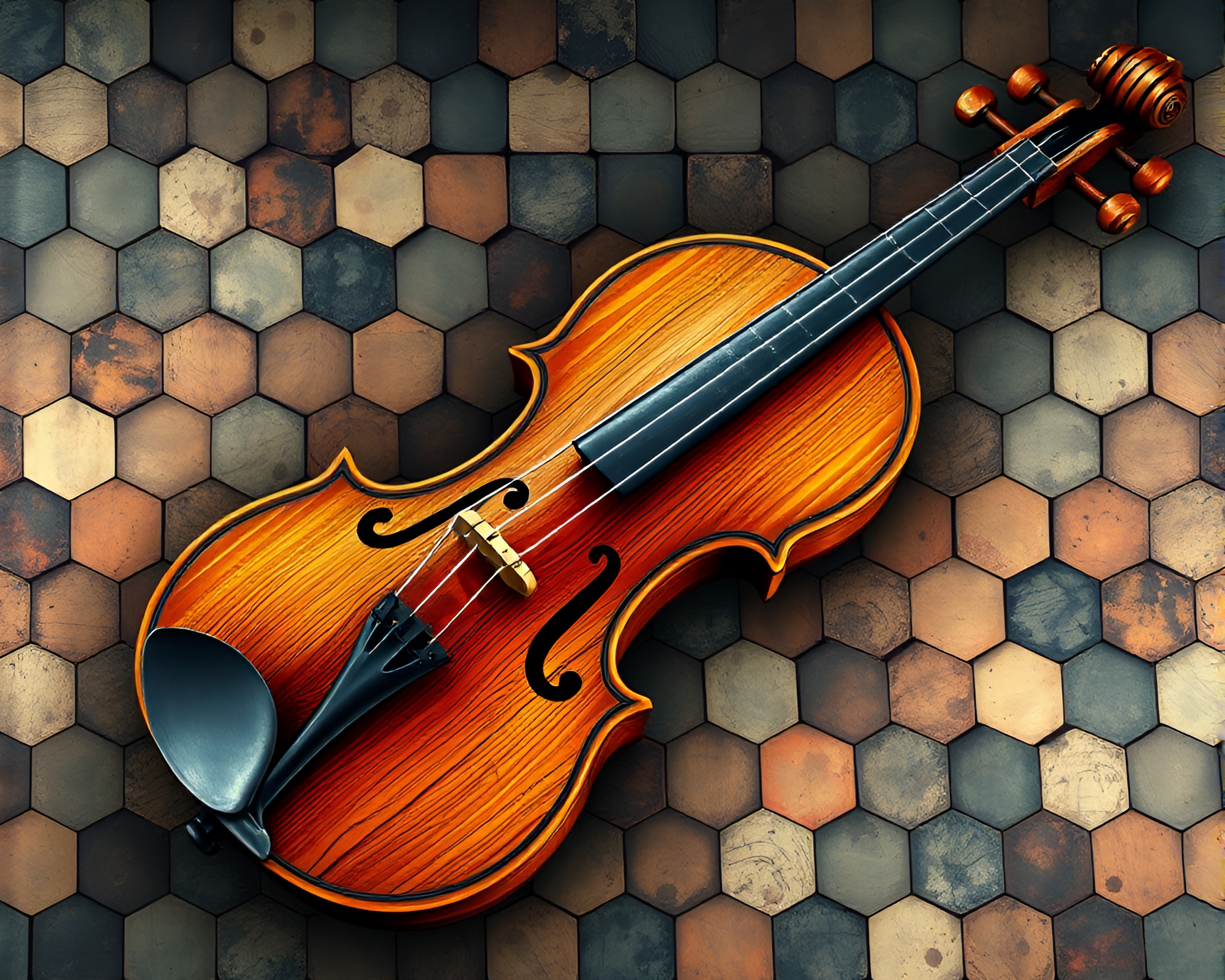 Surrealist wooden violin amidst hexagonal tiling – free AI stock image
