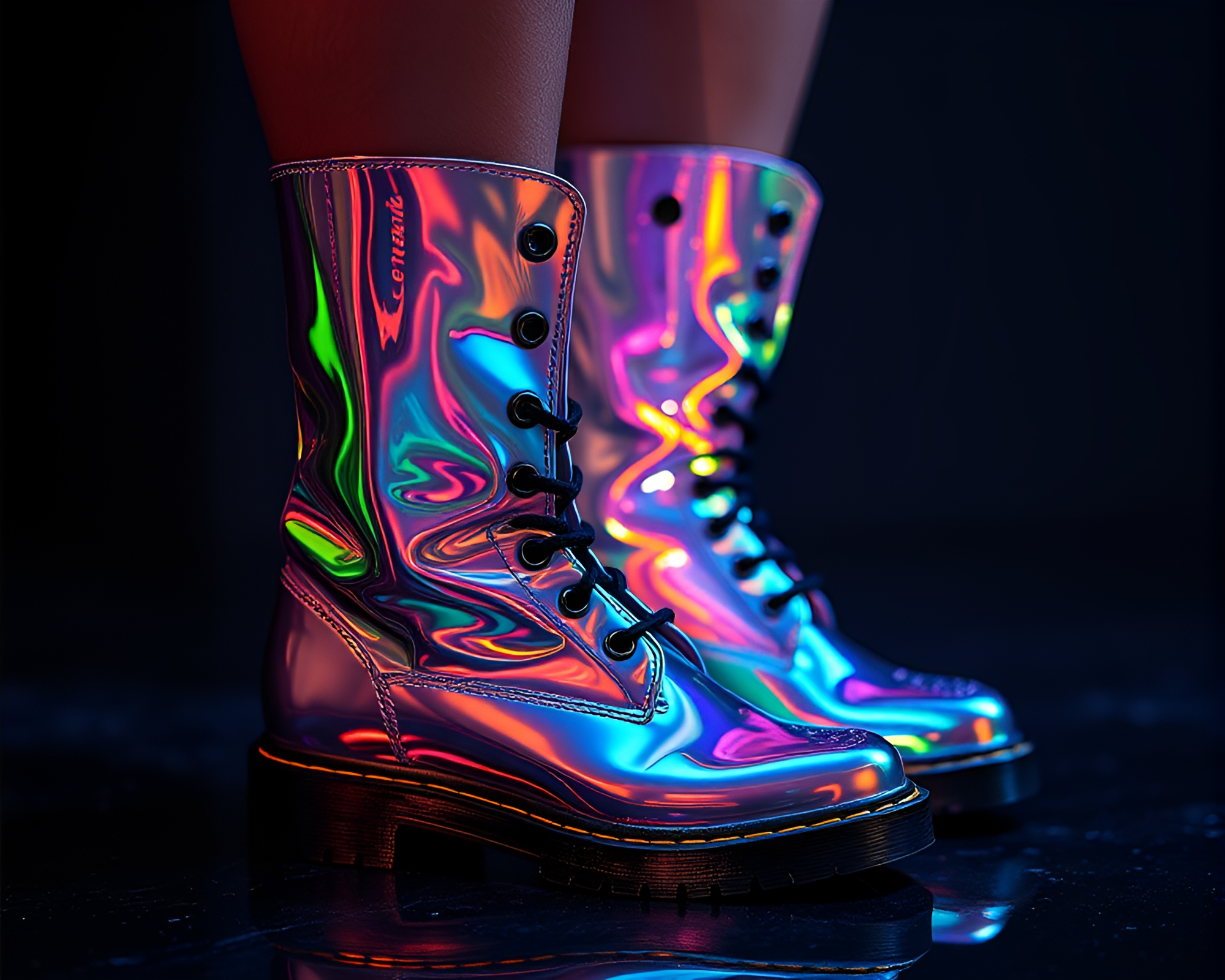 Gravity Boots in Glitch Colors with Soap Film Iridescence – free AI stock image