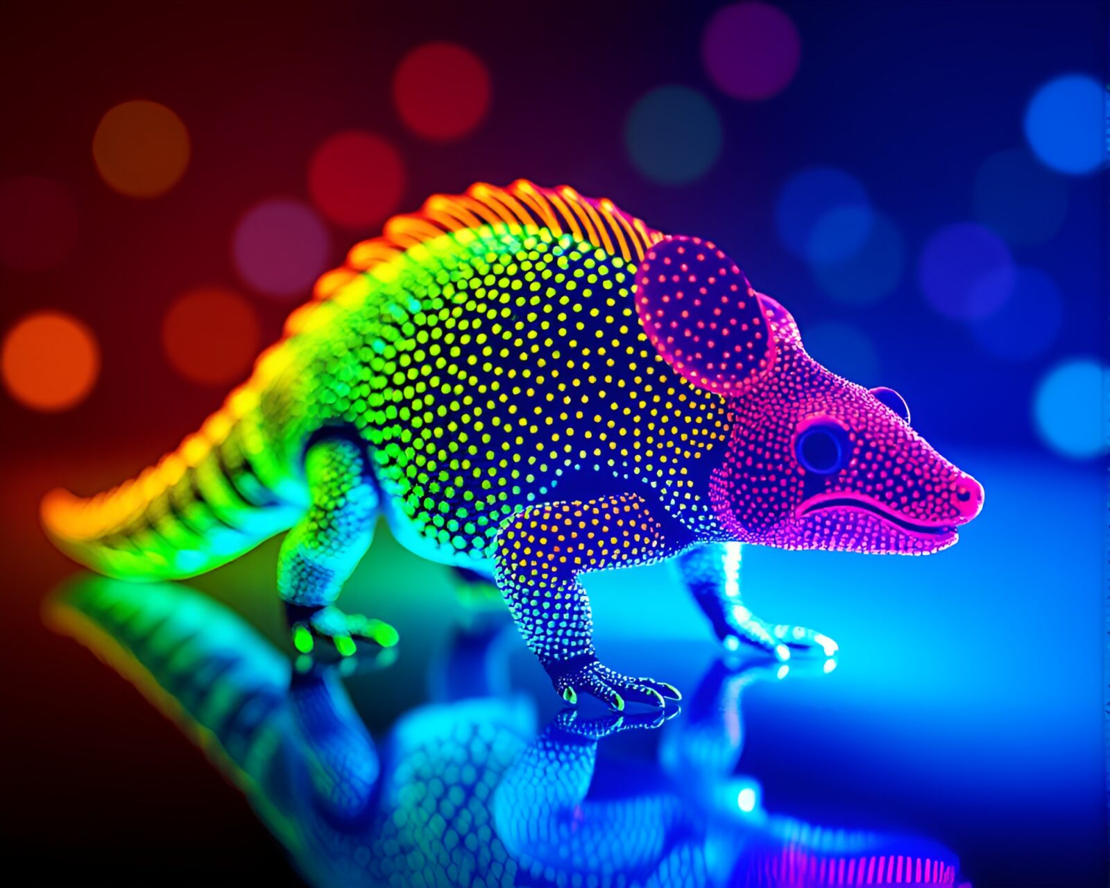 Vivid armadillo in neon lights through pointillist lens