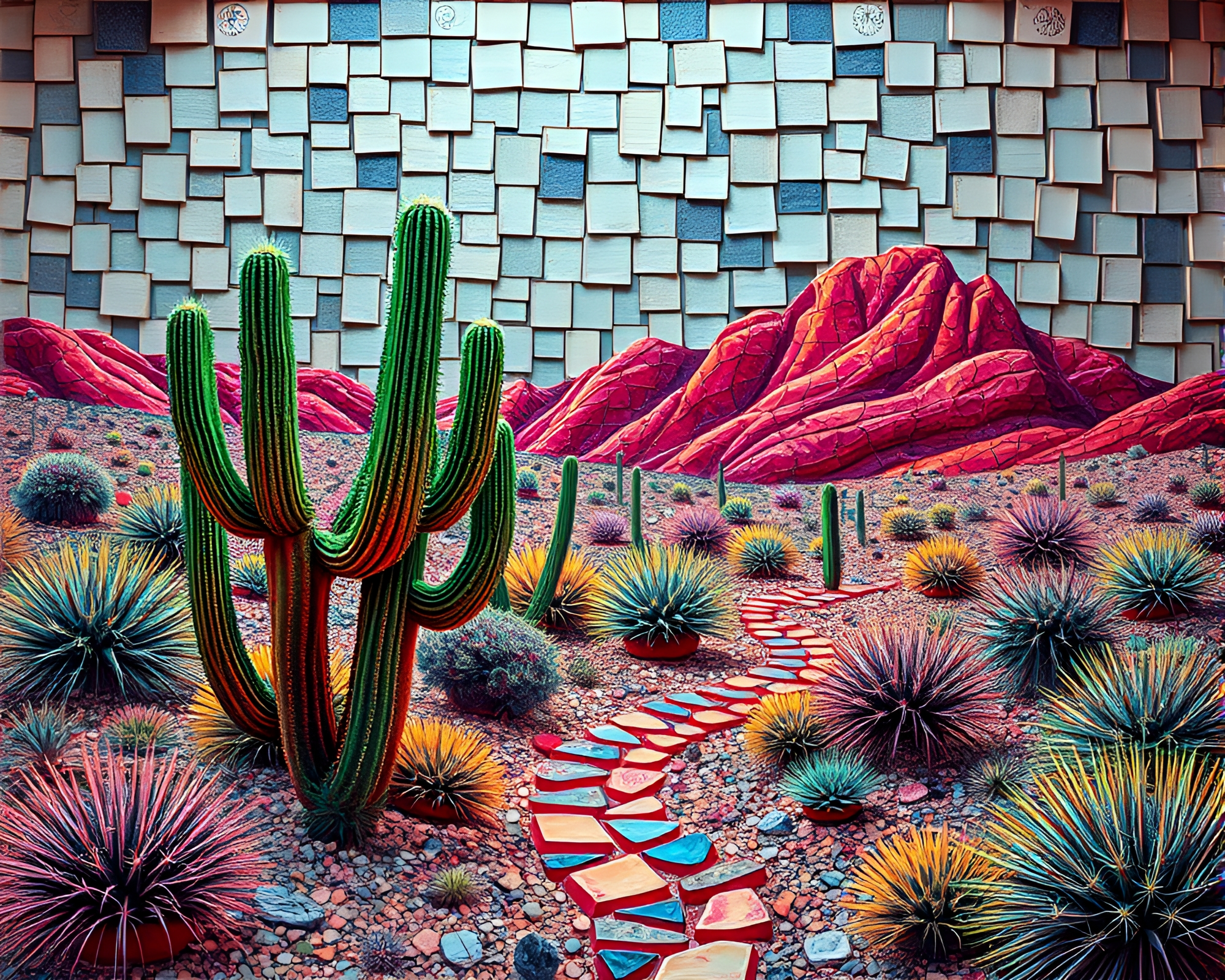 Neon Desert Mosaic with Cactus and Graffiti Art – free AI stock image
