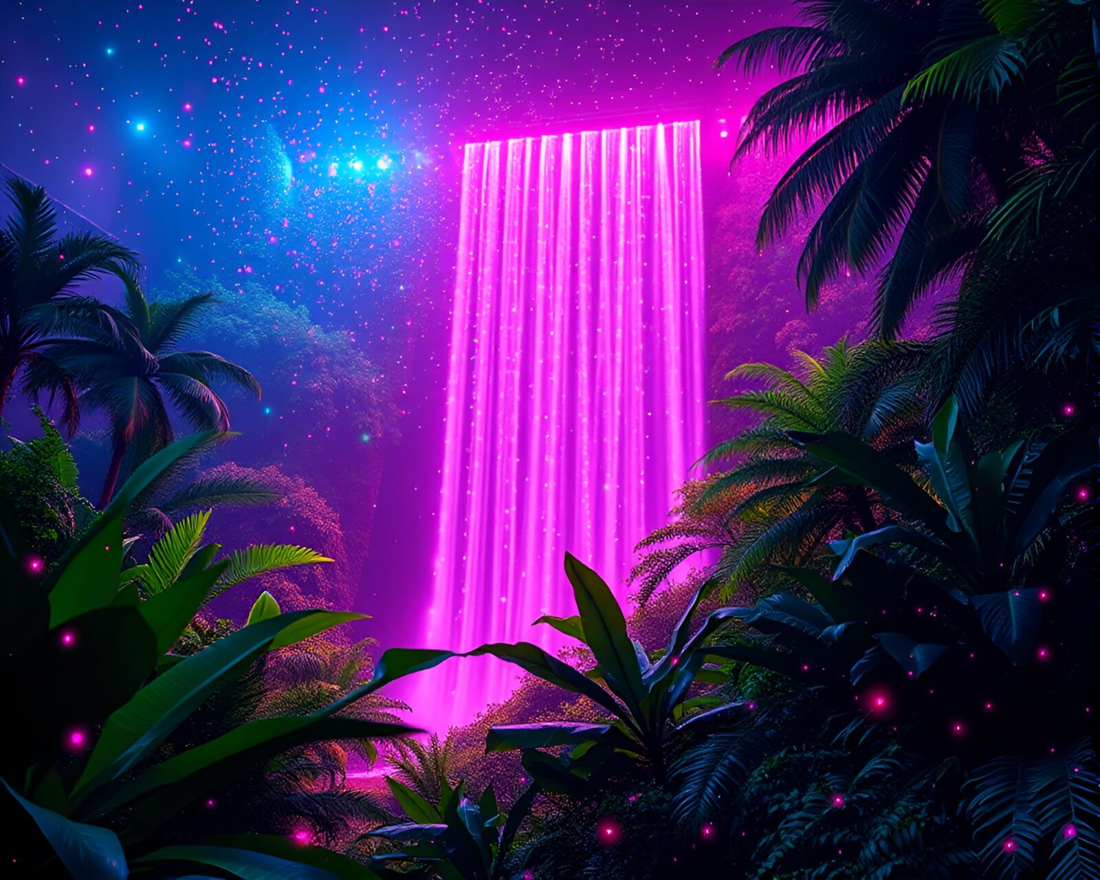 Tropical waterfall surrounded by neon colors in a grid