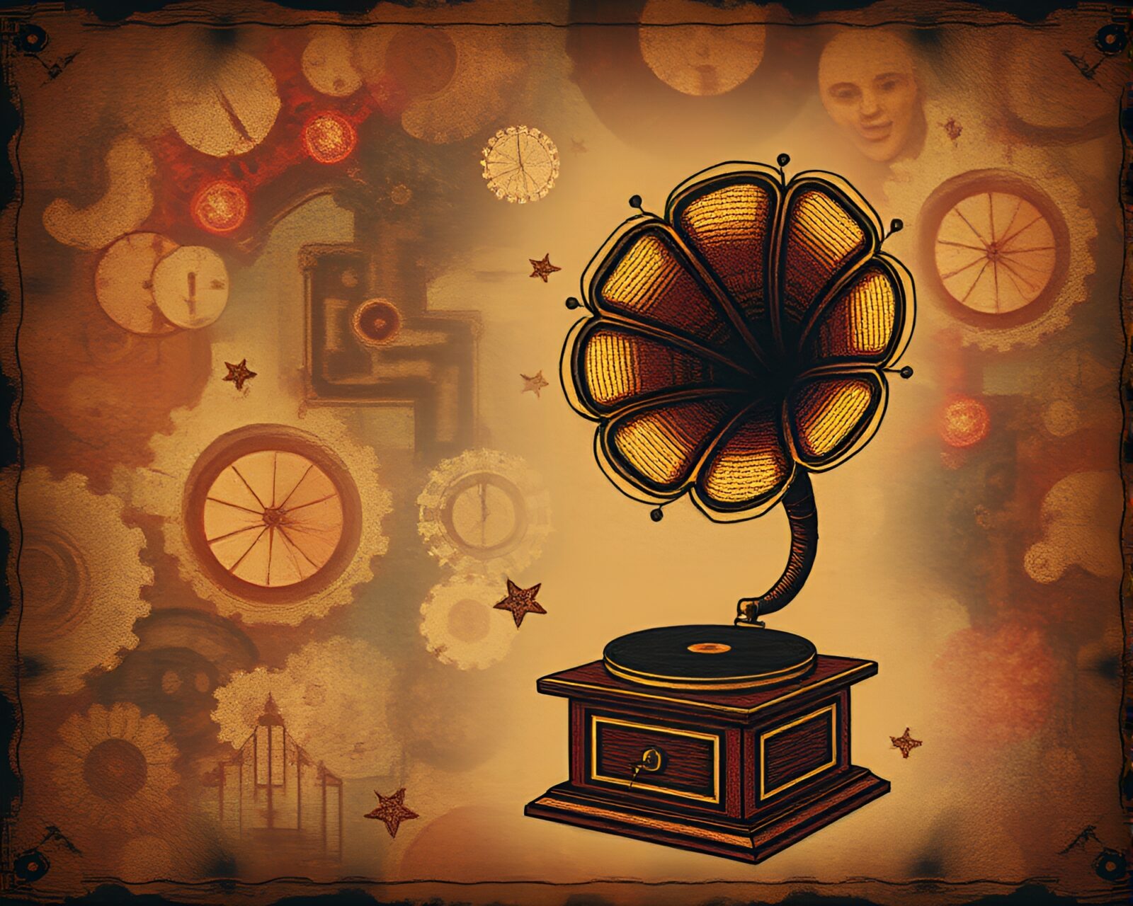 A mesmerizing steampunk gramophone surrounded by stitched patterns and dreamy haze