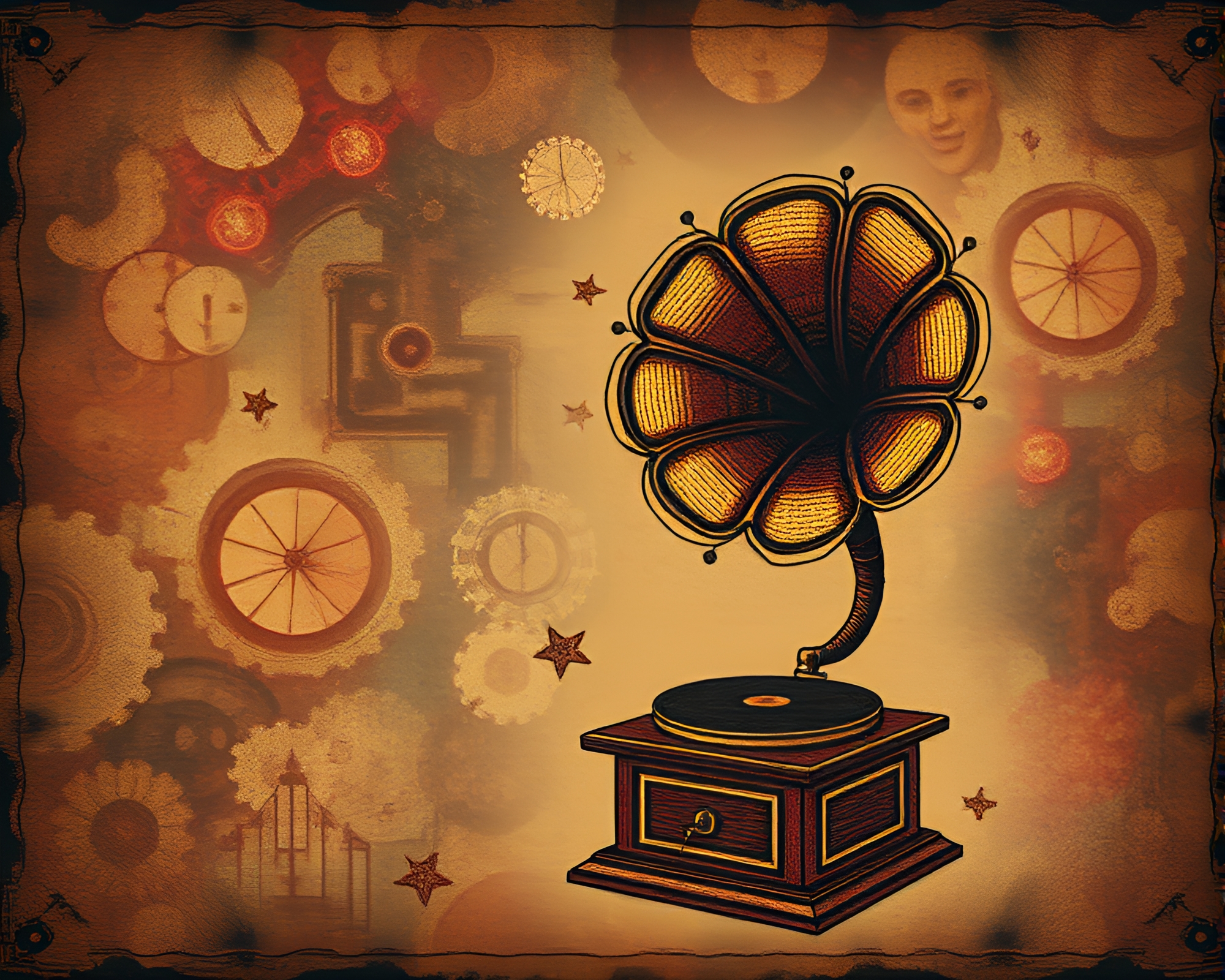 Steampunk Gramophone Collage in Dreamy Haze – free AI stock image