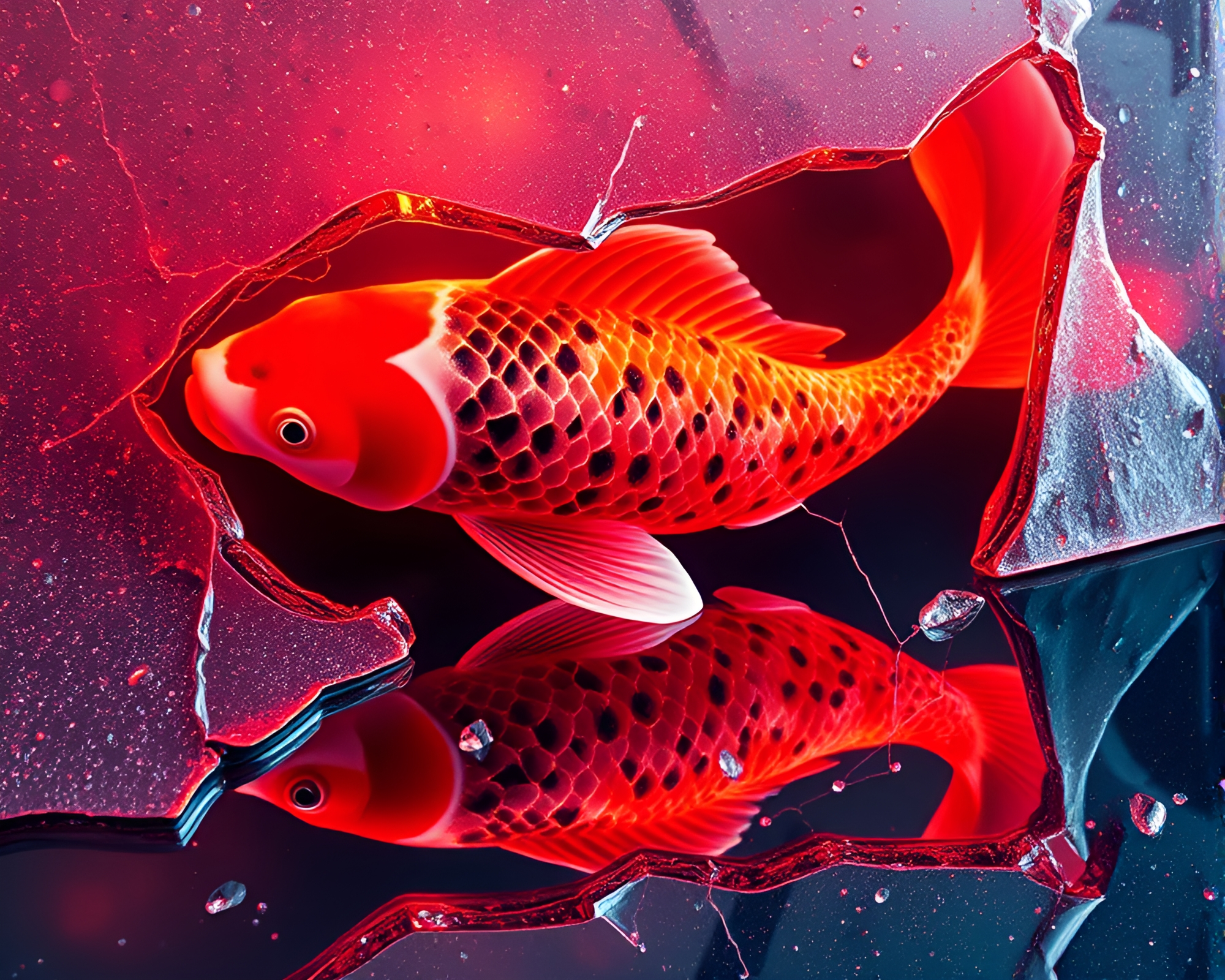 Koi Swimming in Ice Reflection Crack, Infrared Delight – free AI stock image