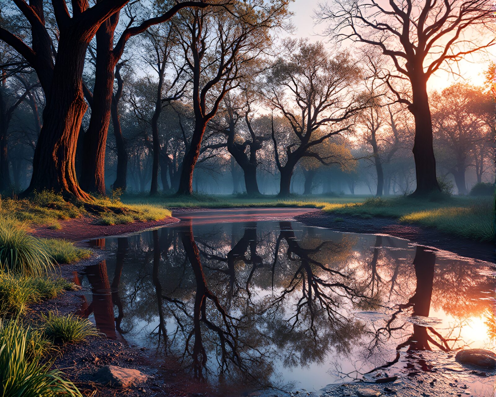 Majestic trees reflecting in shimmering puddle under neon glow