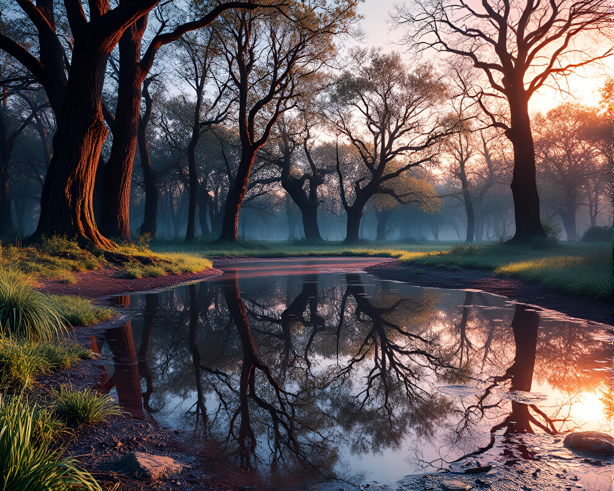 Ancient Grove Reflections in Synthwave Illumination – free AI stock image