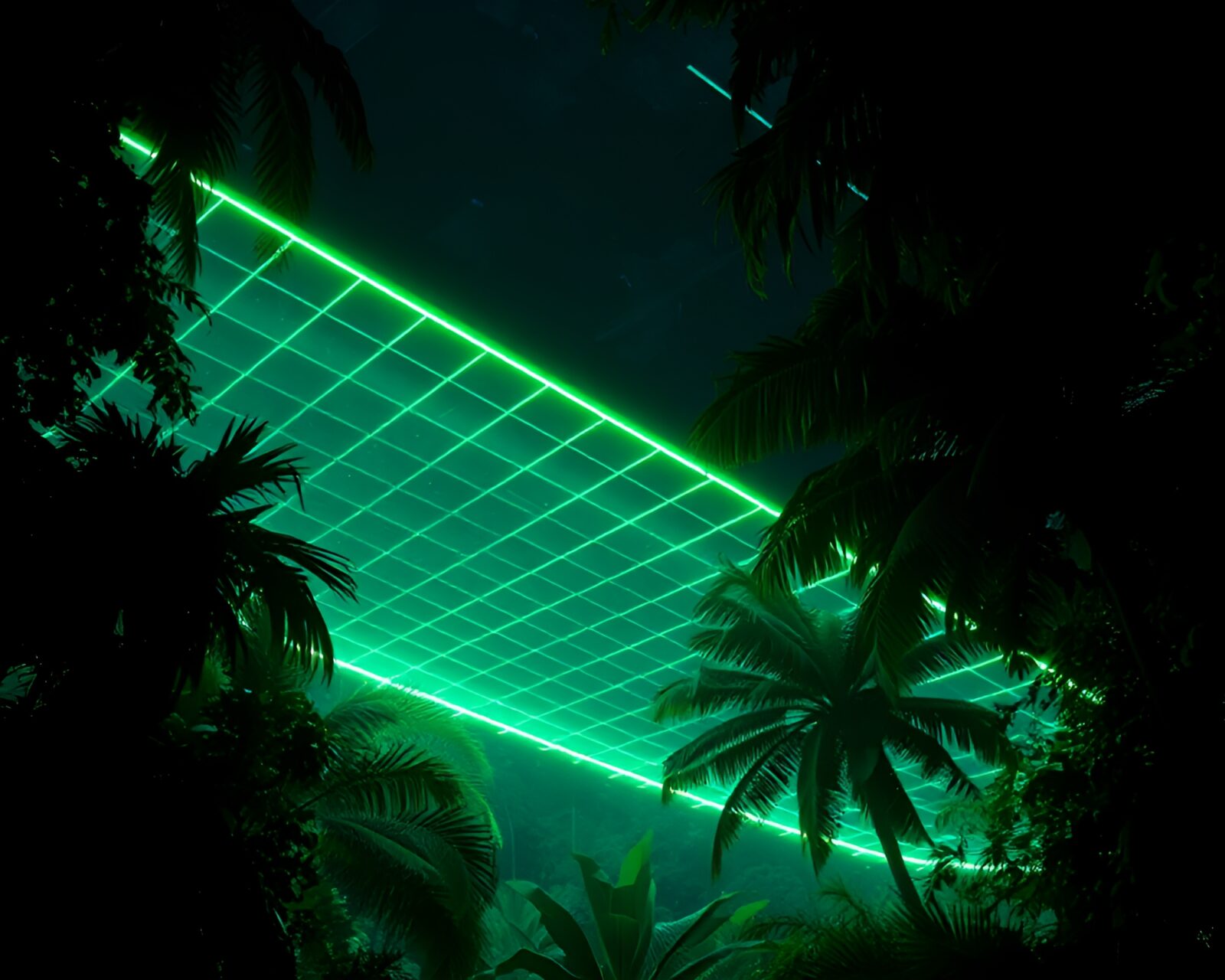 90s grunge style rainforest canopy lit with glow-in-the-dark lights