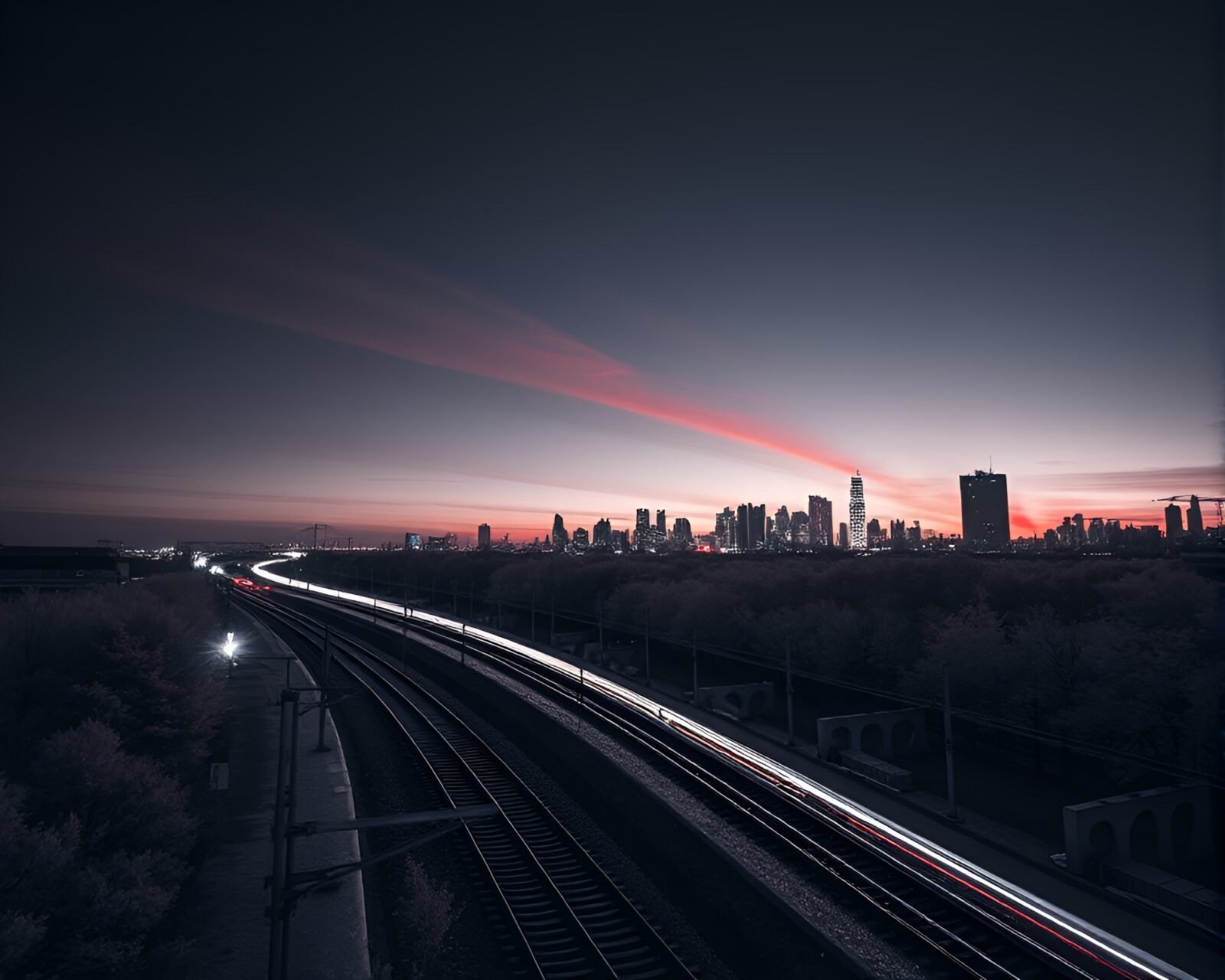 Infrared drone captures long light trails against urban sunset