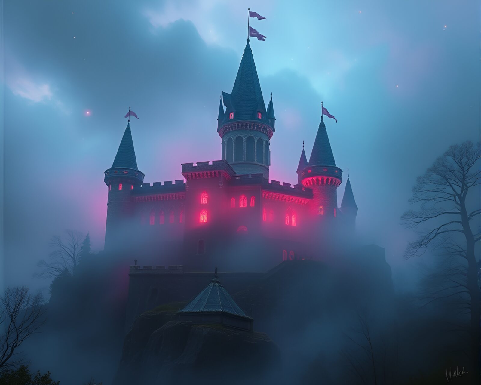Illuminated neon chalk drawing of a castle in misty environment