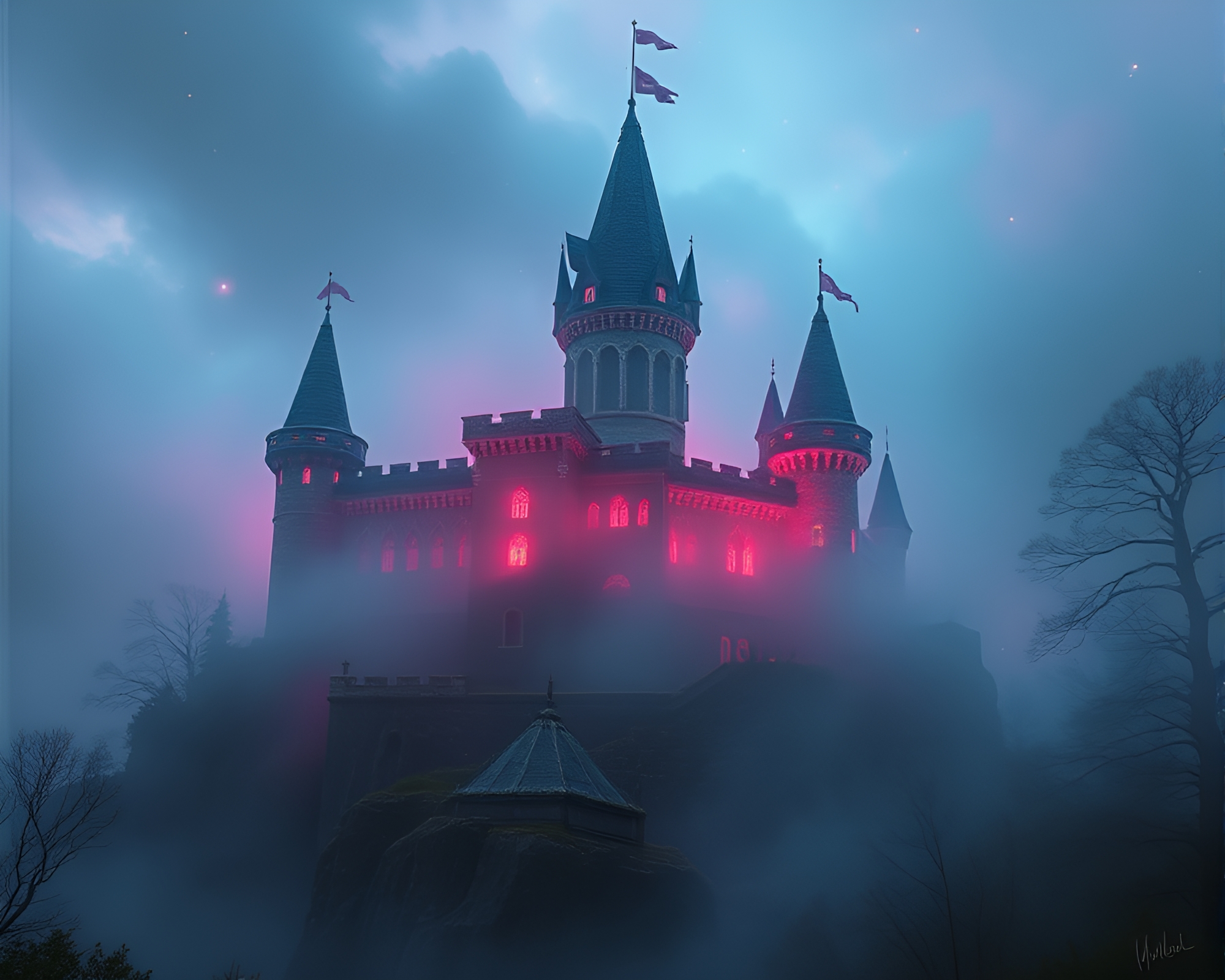 Glowing Chalk Castle in Misty Synthwave Valley – free AI stock image