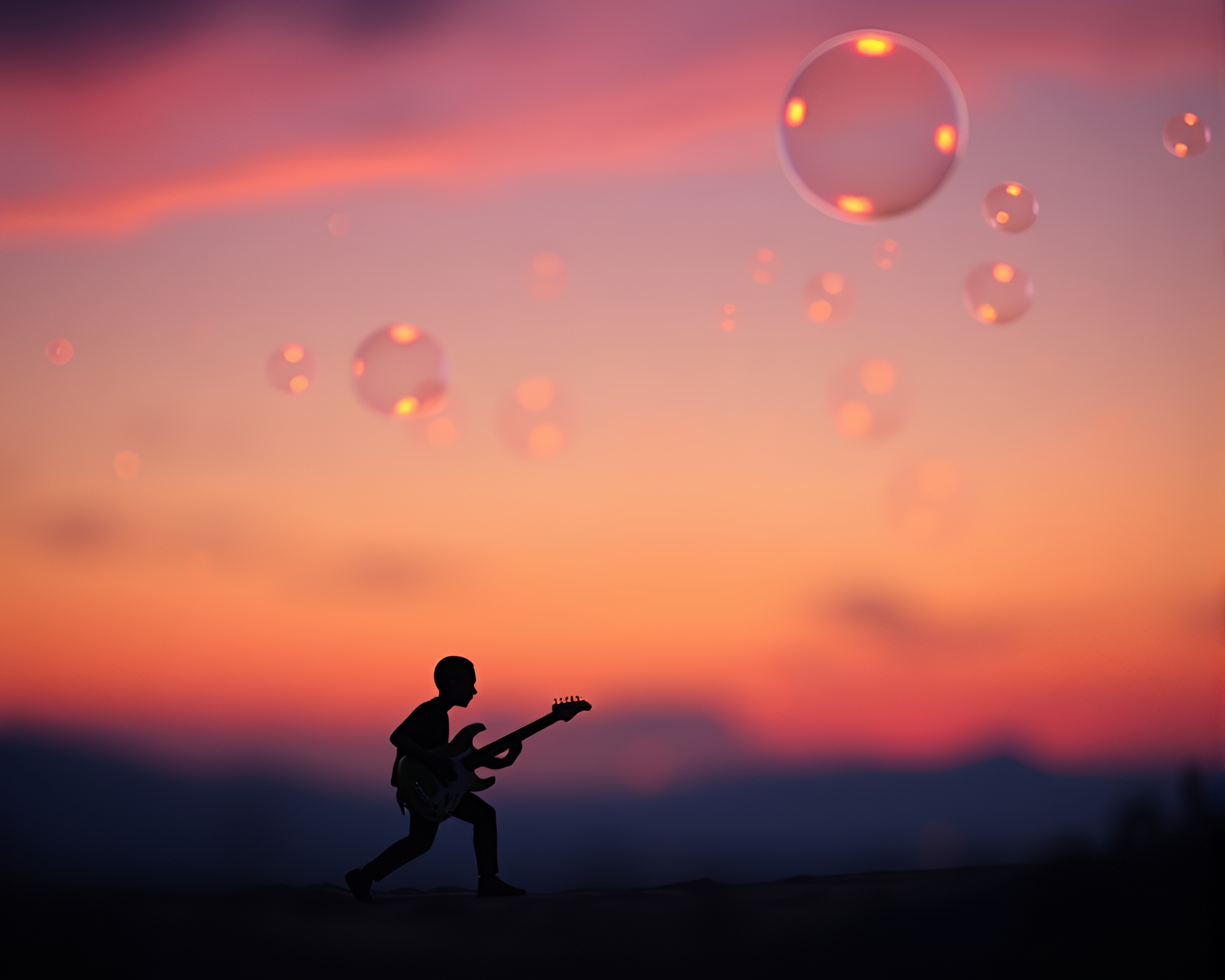 Twilight Guitar Bubble Cluster Still Life Composition – free AI stock image