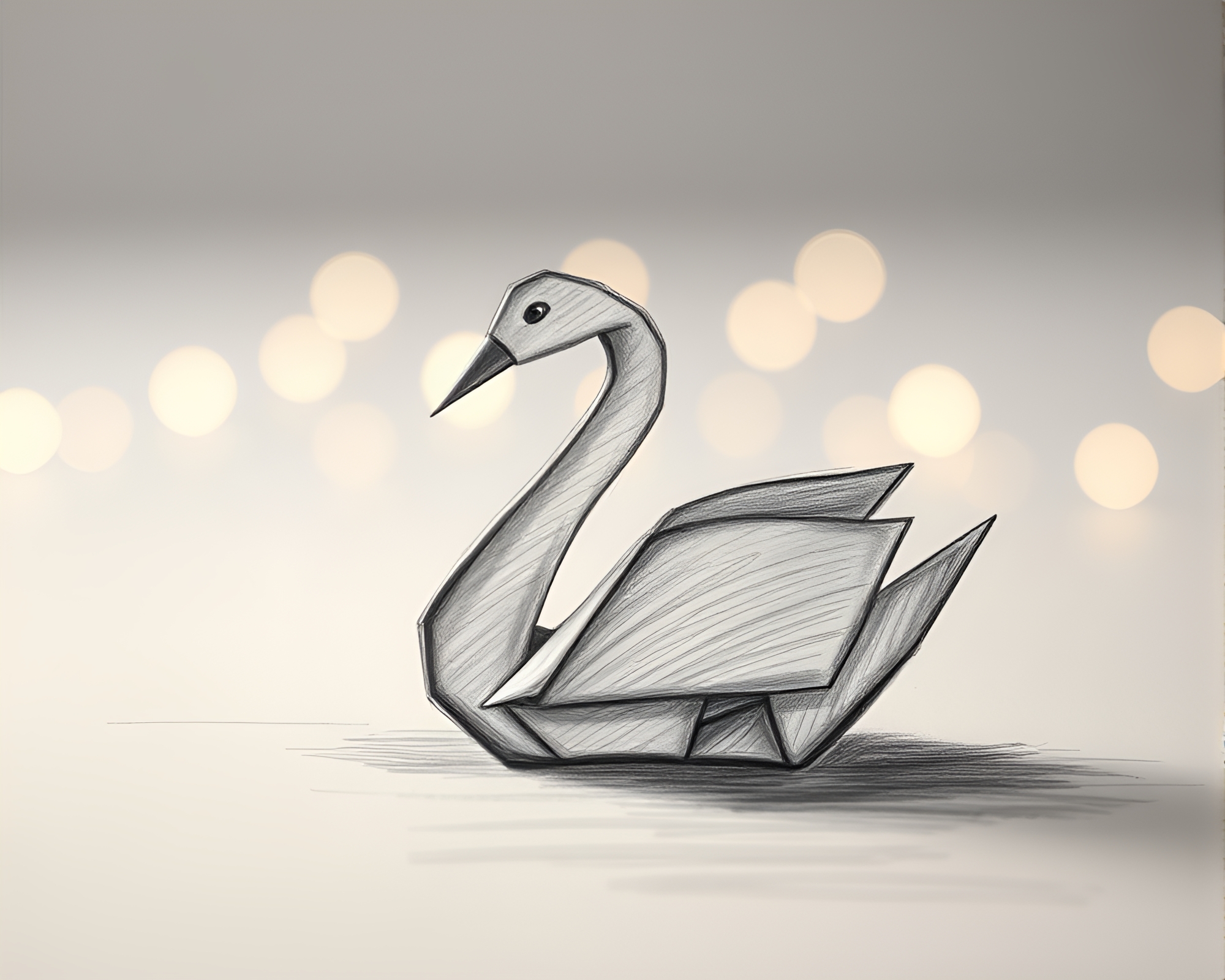Origami Swan Charcoal Sketch with Bokeh Lights – free AI stock image