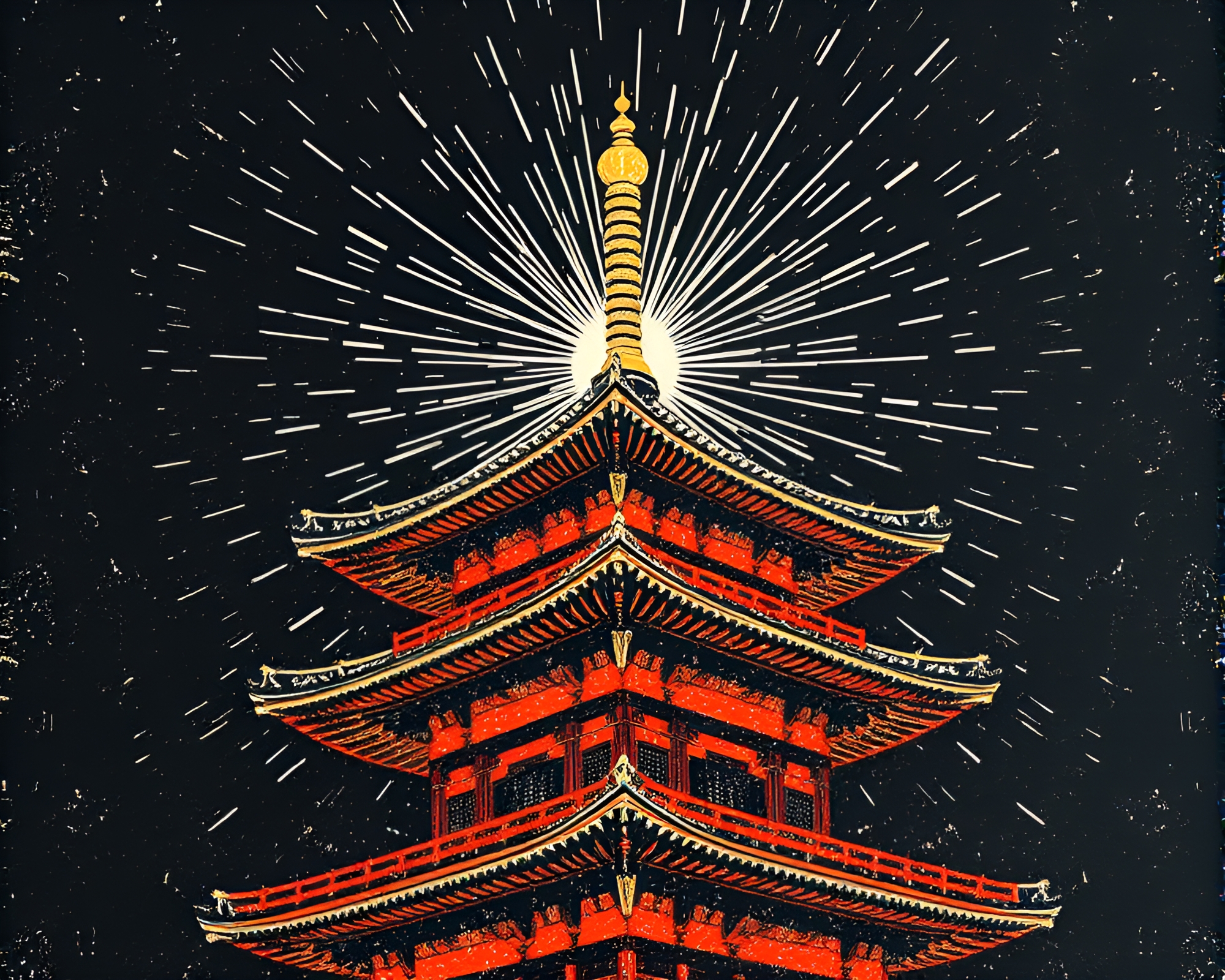 Ethereal Pagoda scene with lens flare burst – free AI stock image