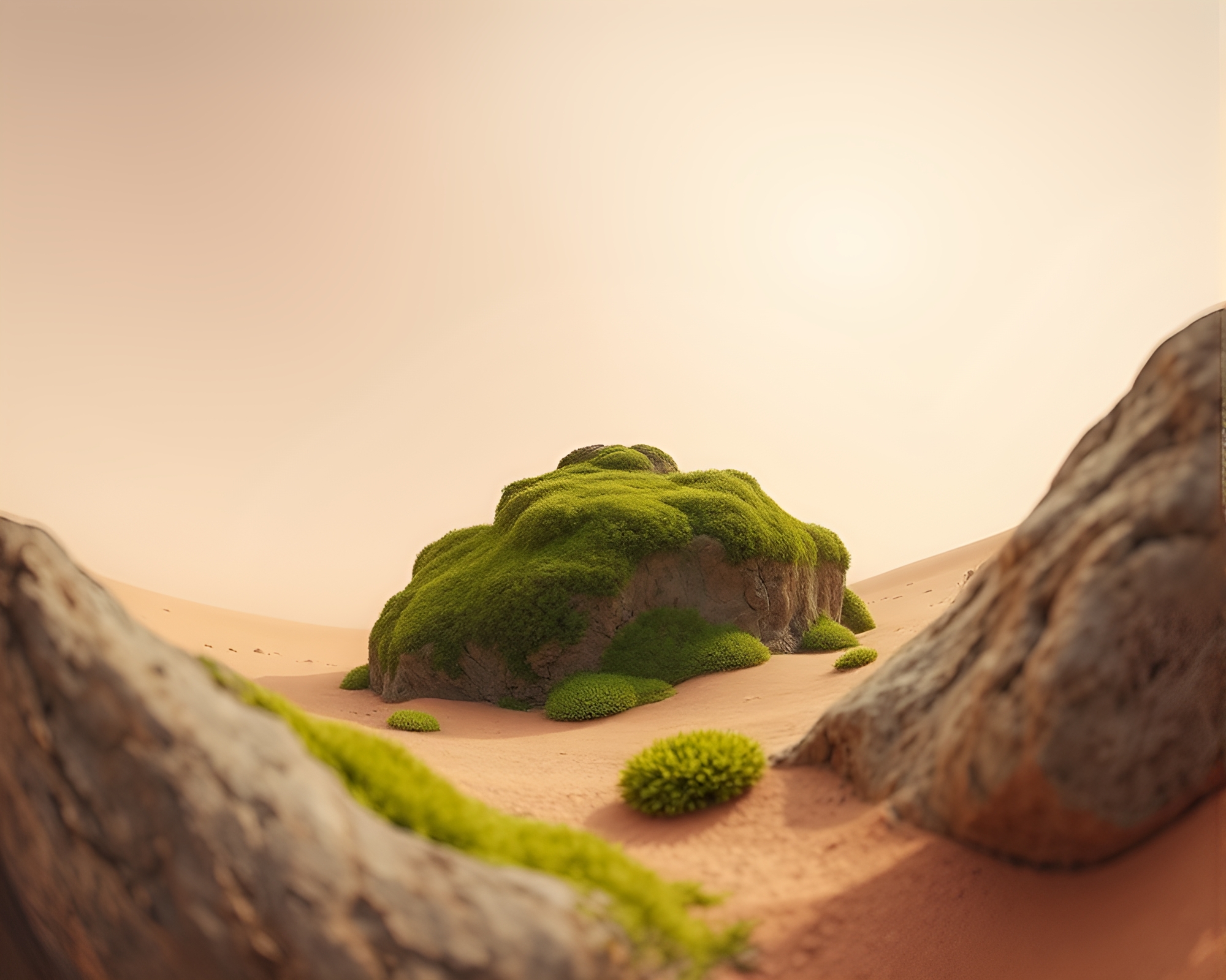 Surreal Moss-Covered Rock Desert Landscape Fisheye Render – free AI stock image