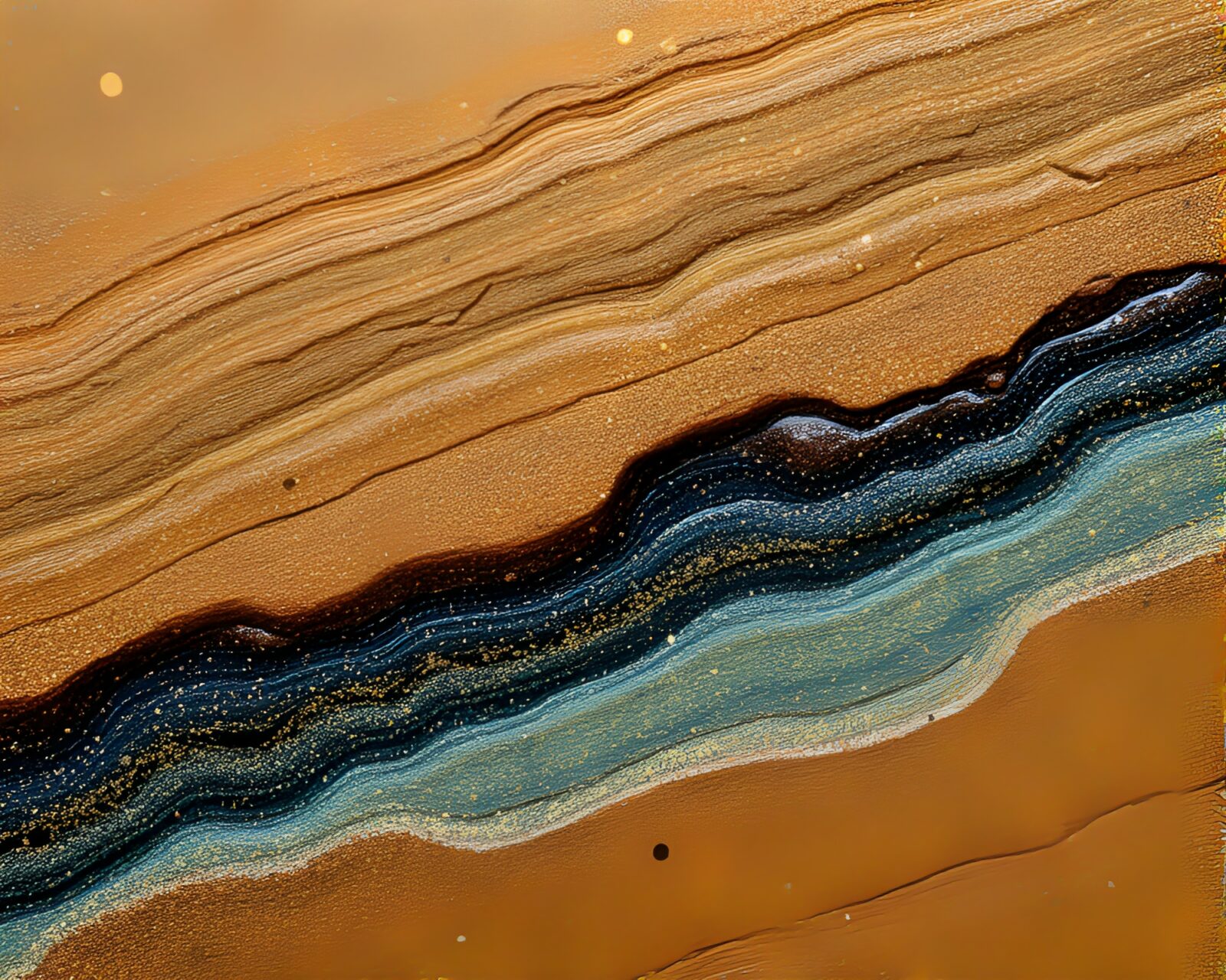 Shimmering metallic canyon textured with mixed media layers